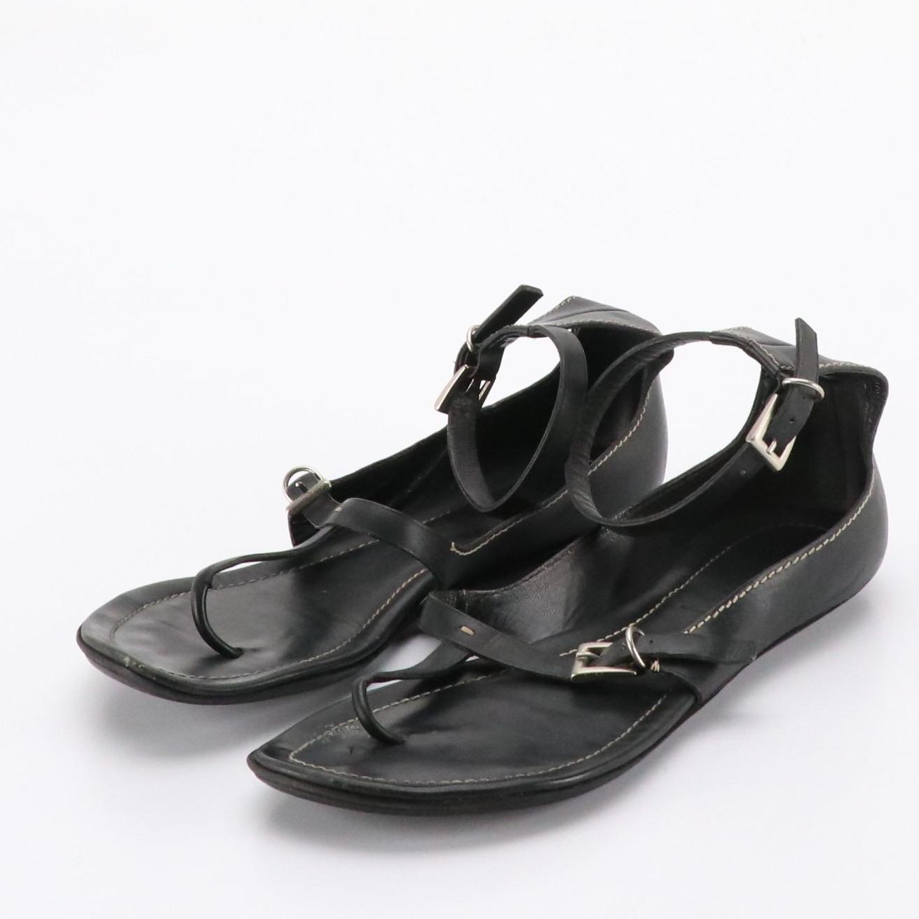 Prada Black Leather T-Strap and Ankle Strap Flat Sandals