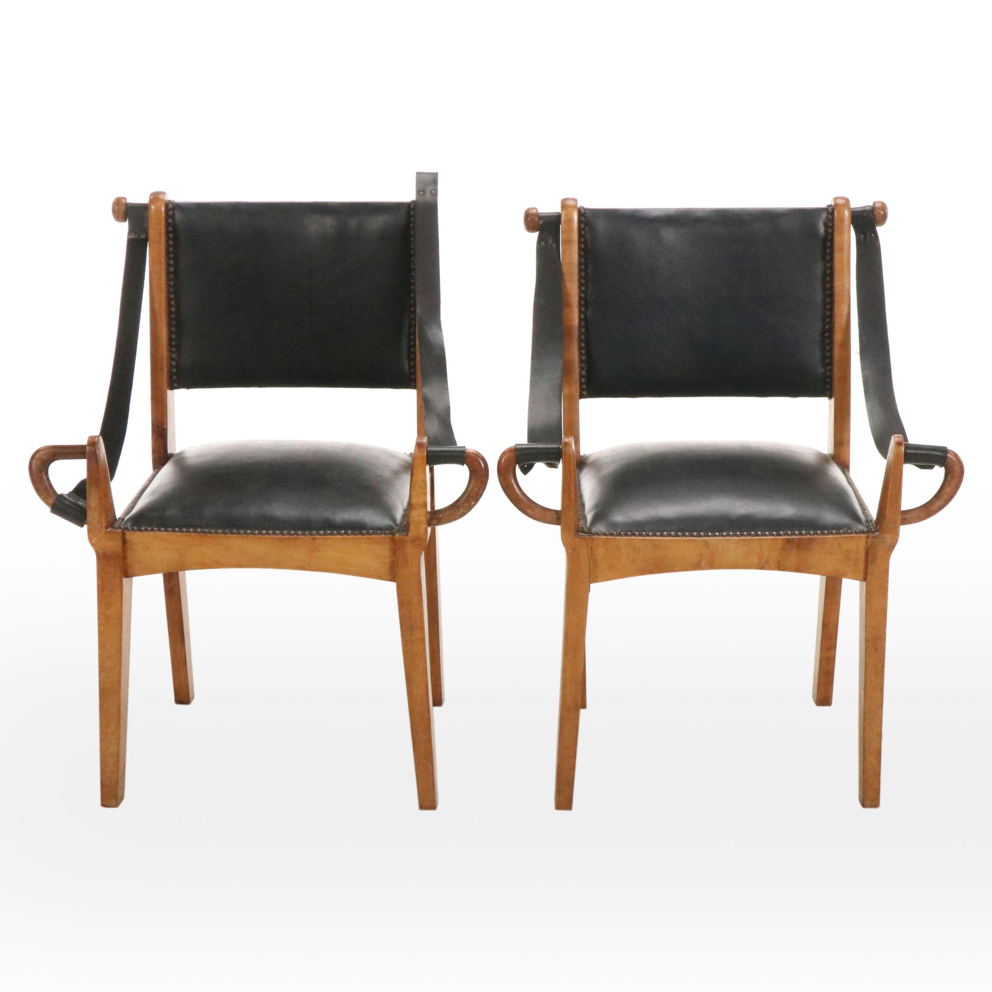 Pair of Black Leather and Wood Sling Armchairs, 20th Century