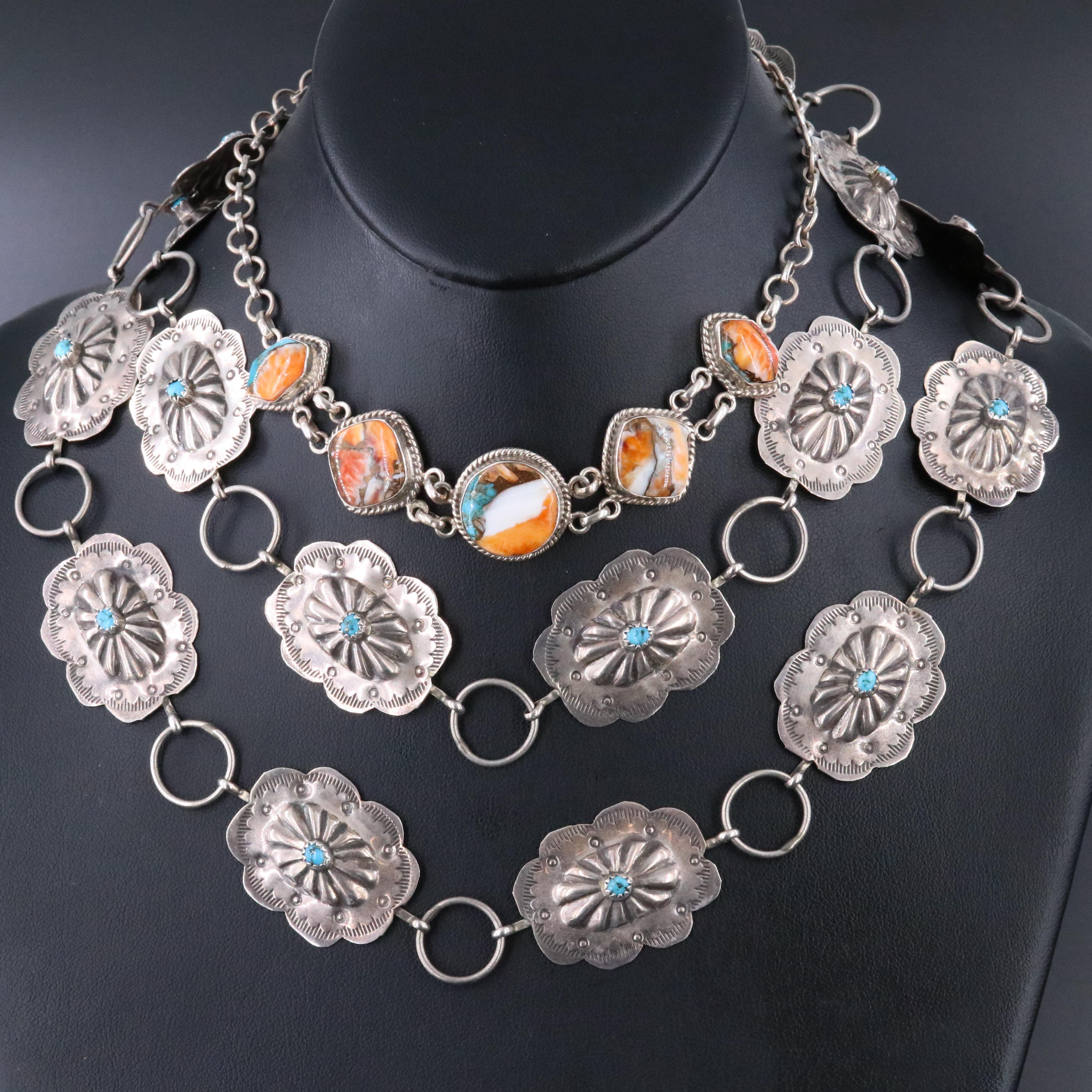 Southwestern Sterling Turquoise Belt and Gemstone Mosaic Necklace
