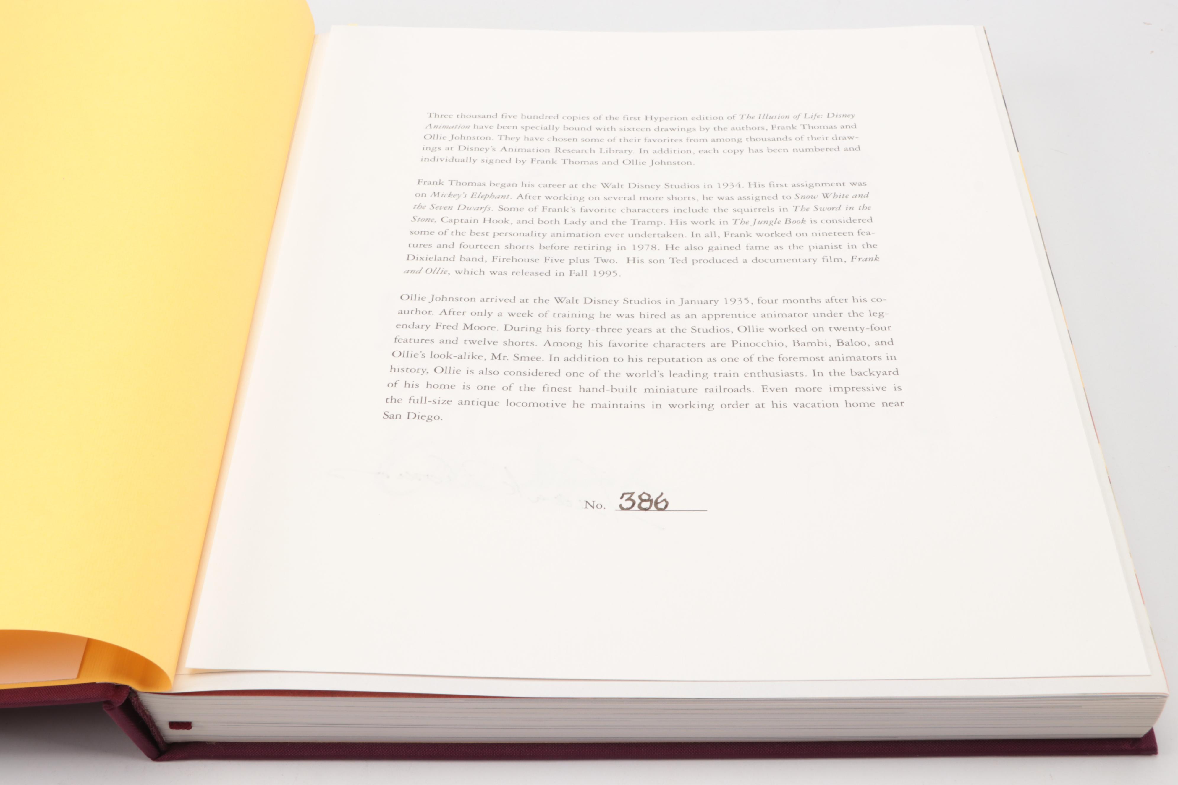 Signed Limited First Edition Thus "The Illusion of Life" by Thomas and Johnston