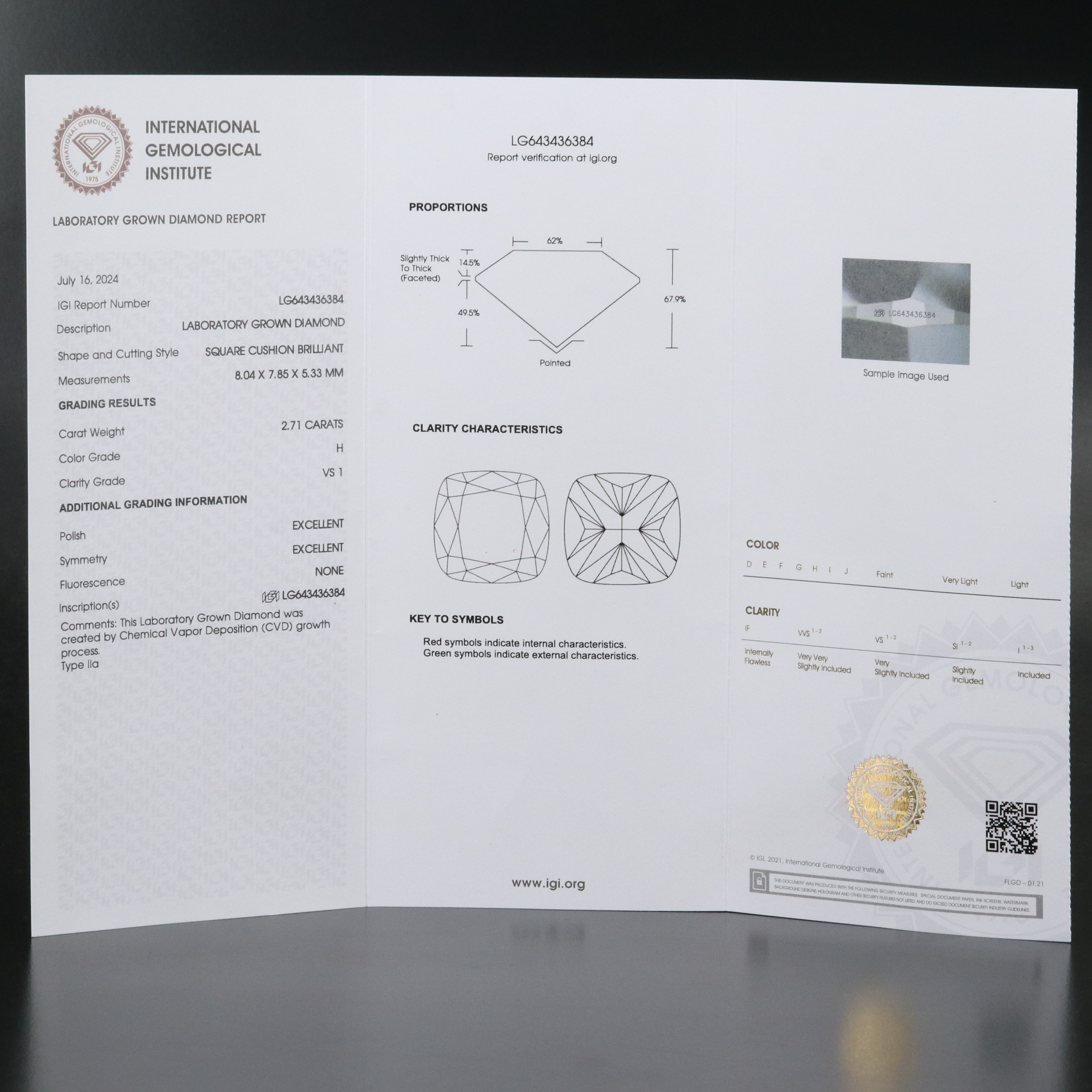 Loose 2.71 CT Lab Grown Diamond with IGI Report