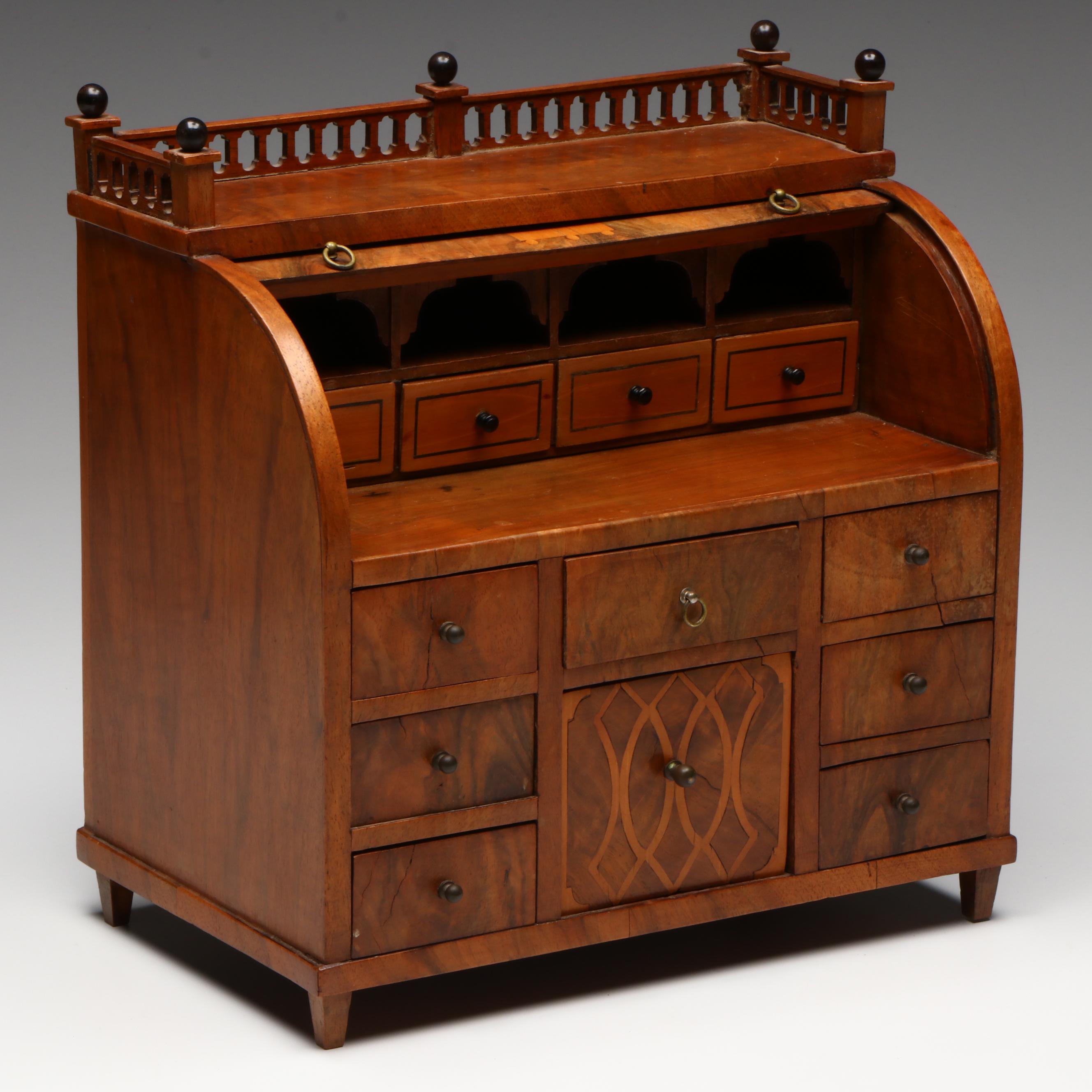 Marie Renz German Burl Veneer Miniature Biedermeier Style Roll-Top Desk