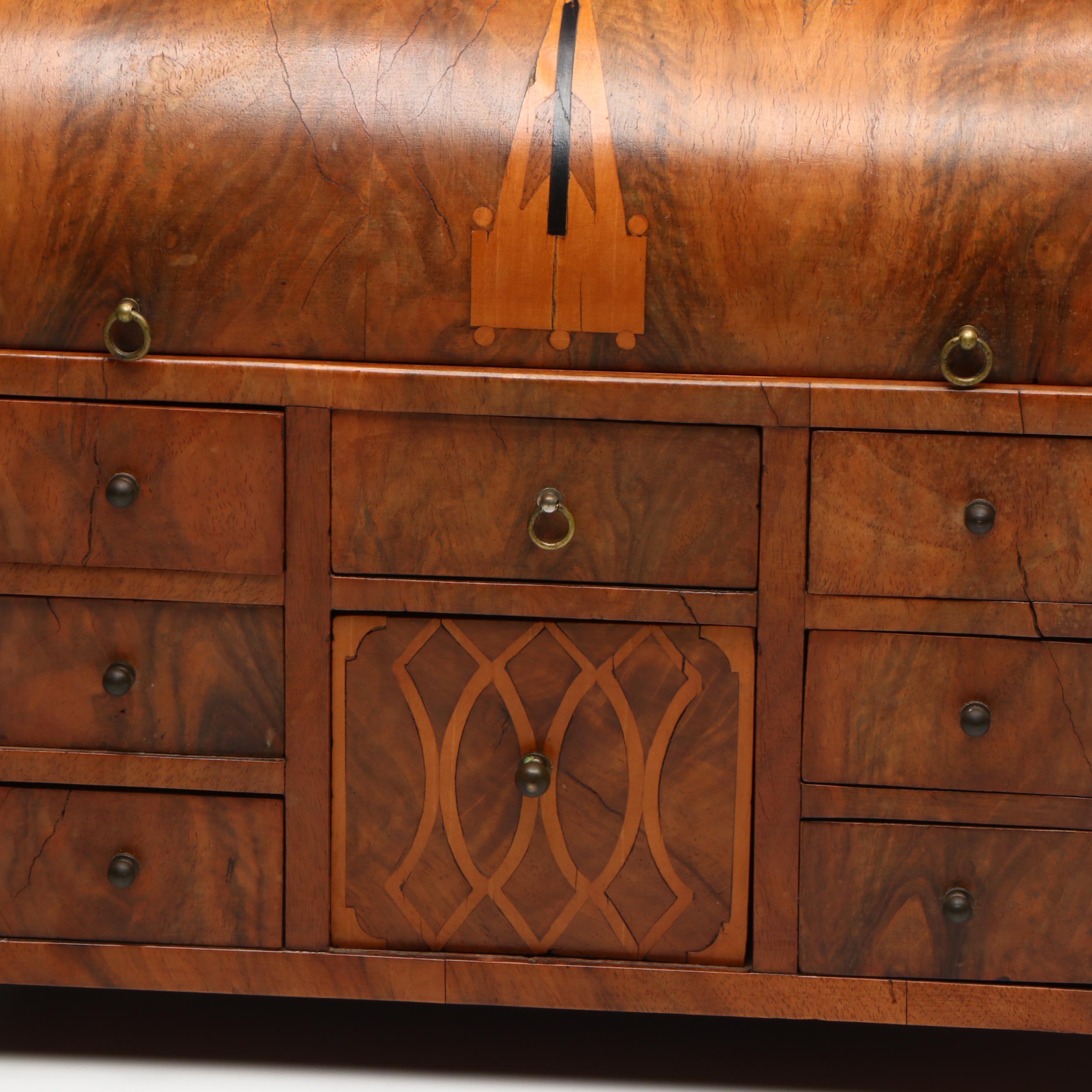 Marie Renz German Burl Veneer Miniature Biedermeier Style Roll-Top Desk