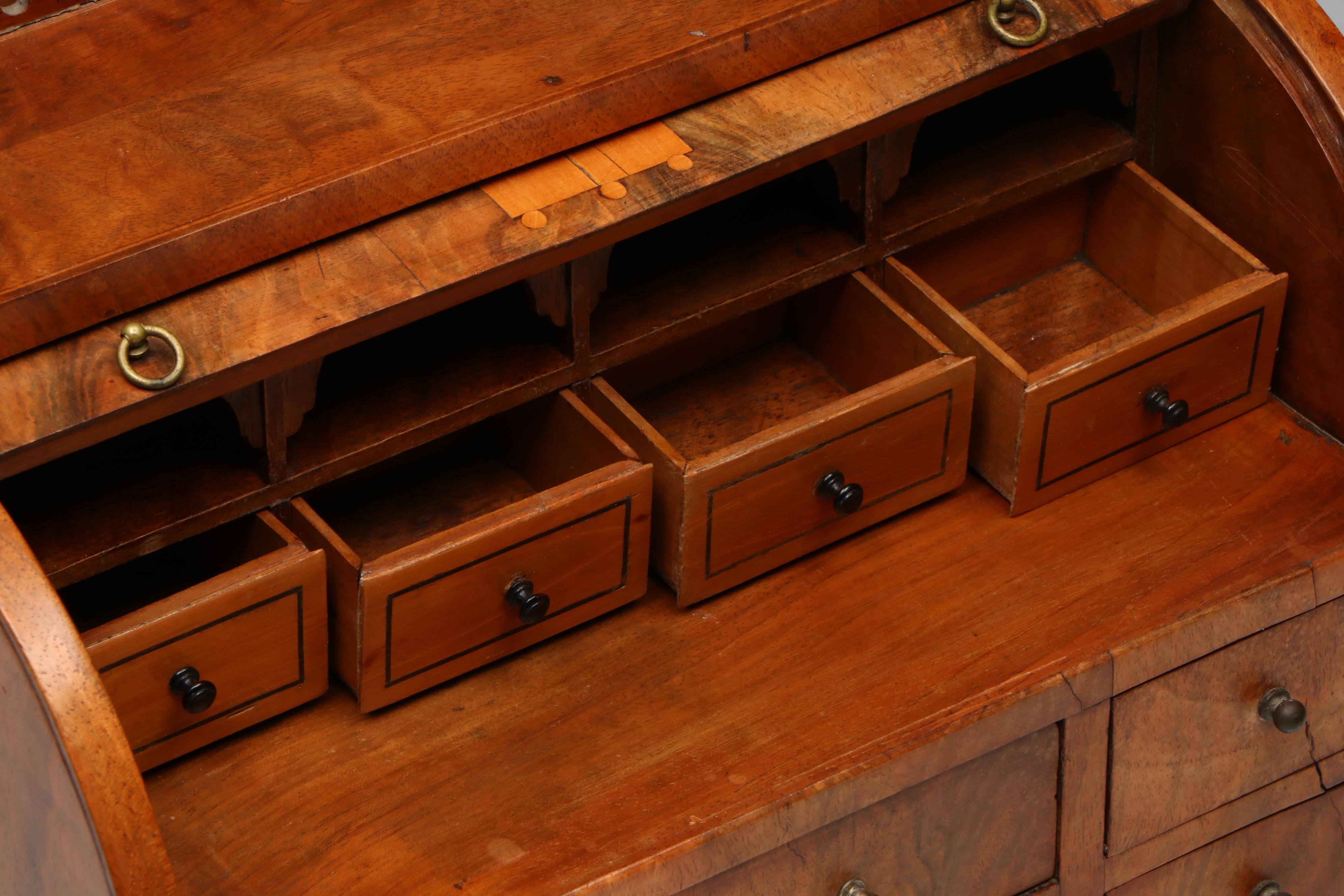 Marie Renz German Burl Veneer Miniature Biedermeier Style Roll-Top Desk