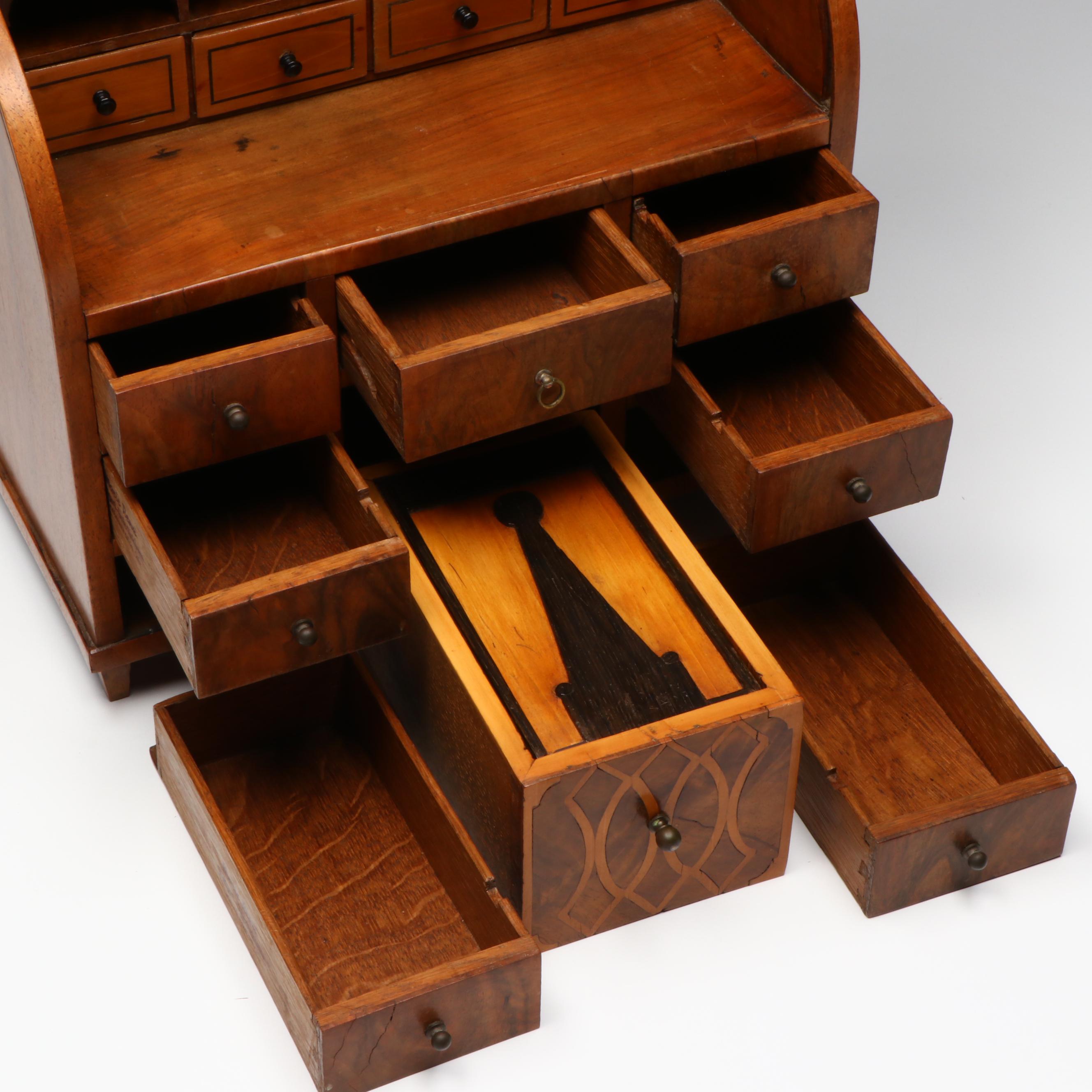 Marie Renz German Burl Veneer Miniature Biedermeier Style Roll-Top Desk