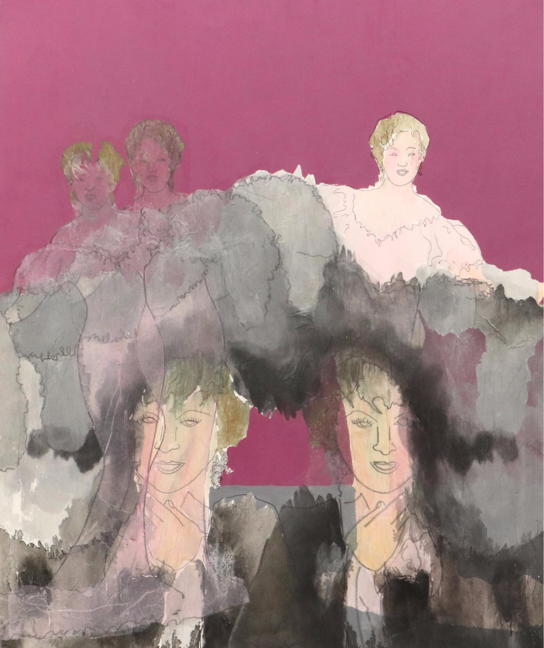 Figural Mixed Media Painting of Woman in Pink Dress