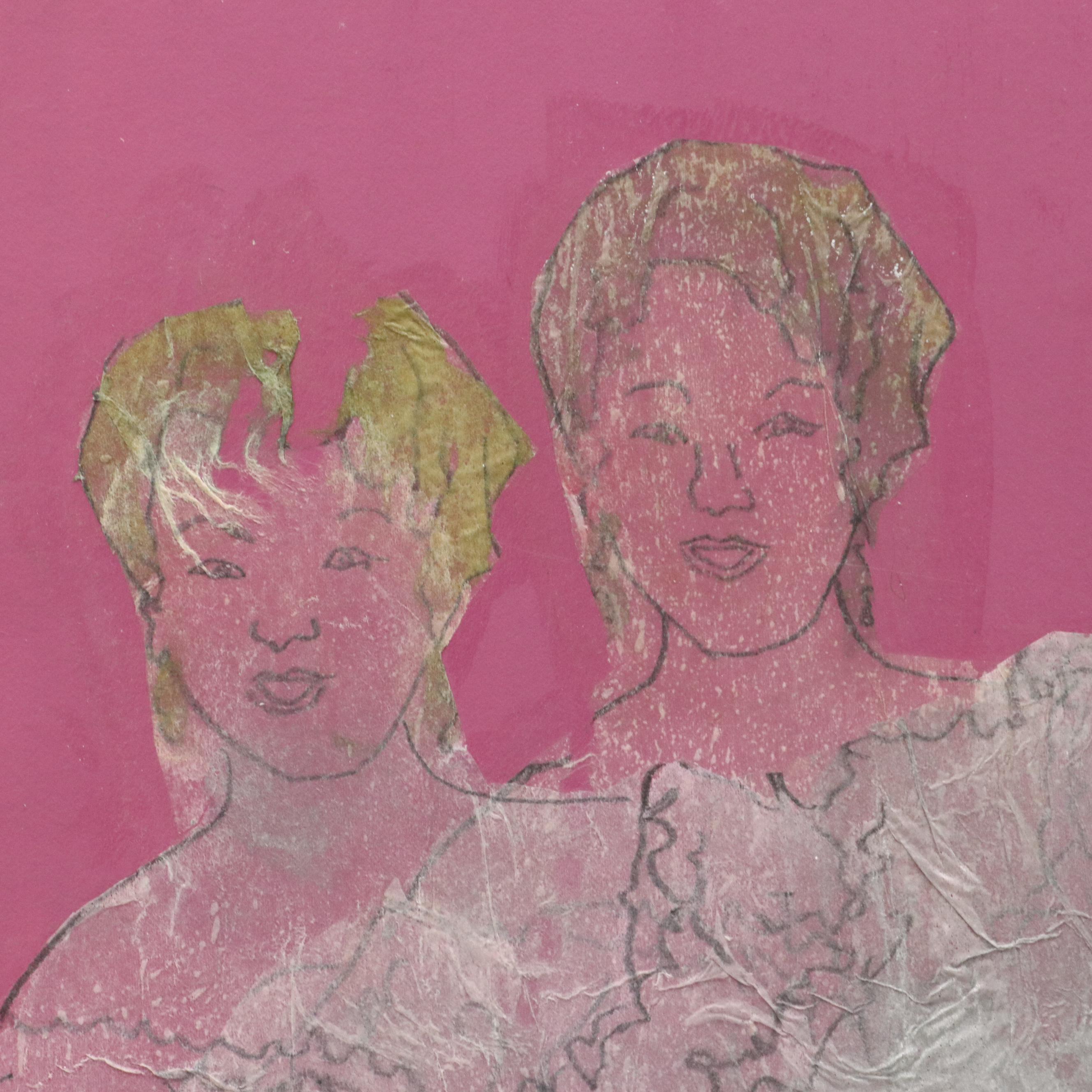 Figural Mixed Media Painting of Woman in Pink Dress