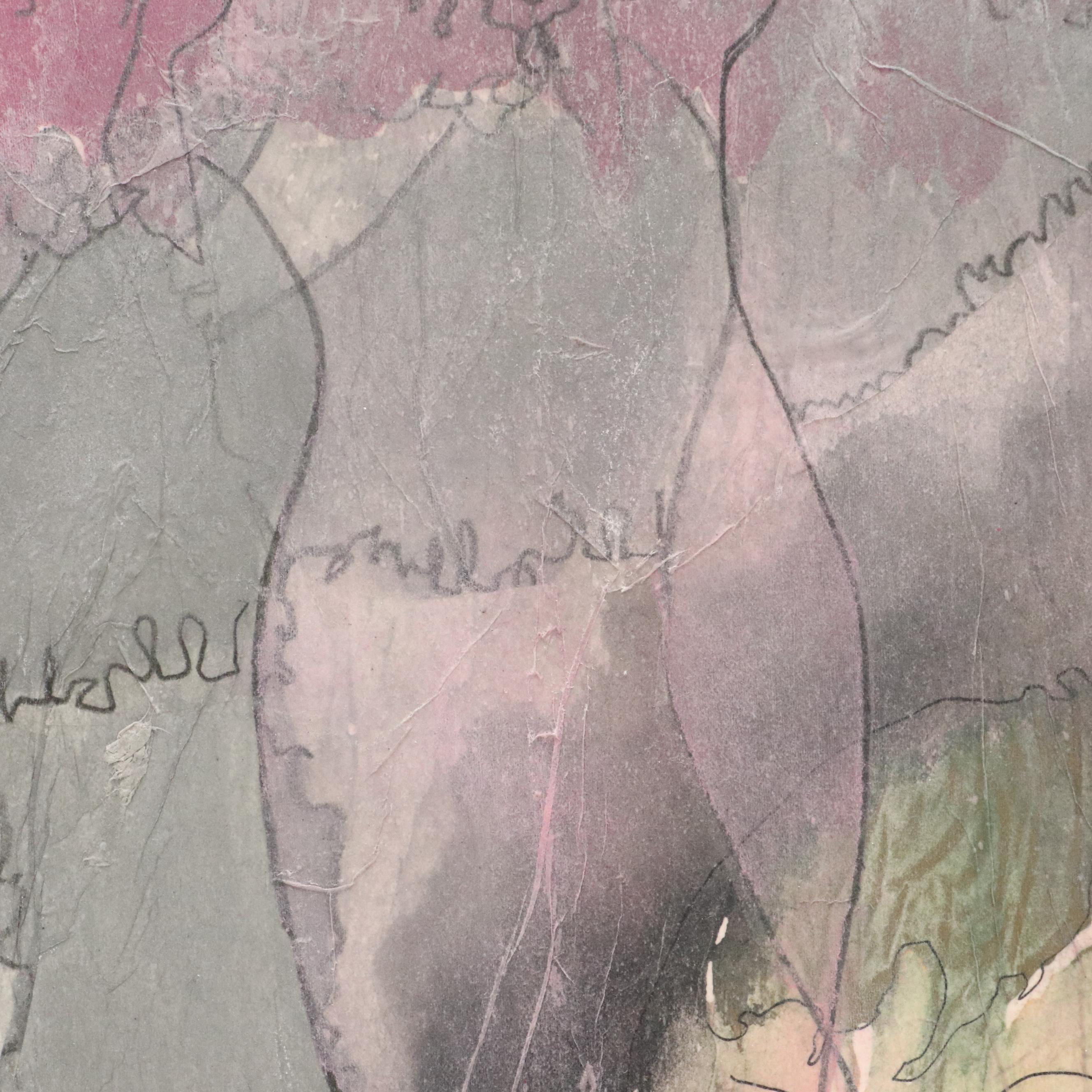 Figural Mixed Media Painting of Woman in Pink Dress