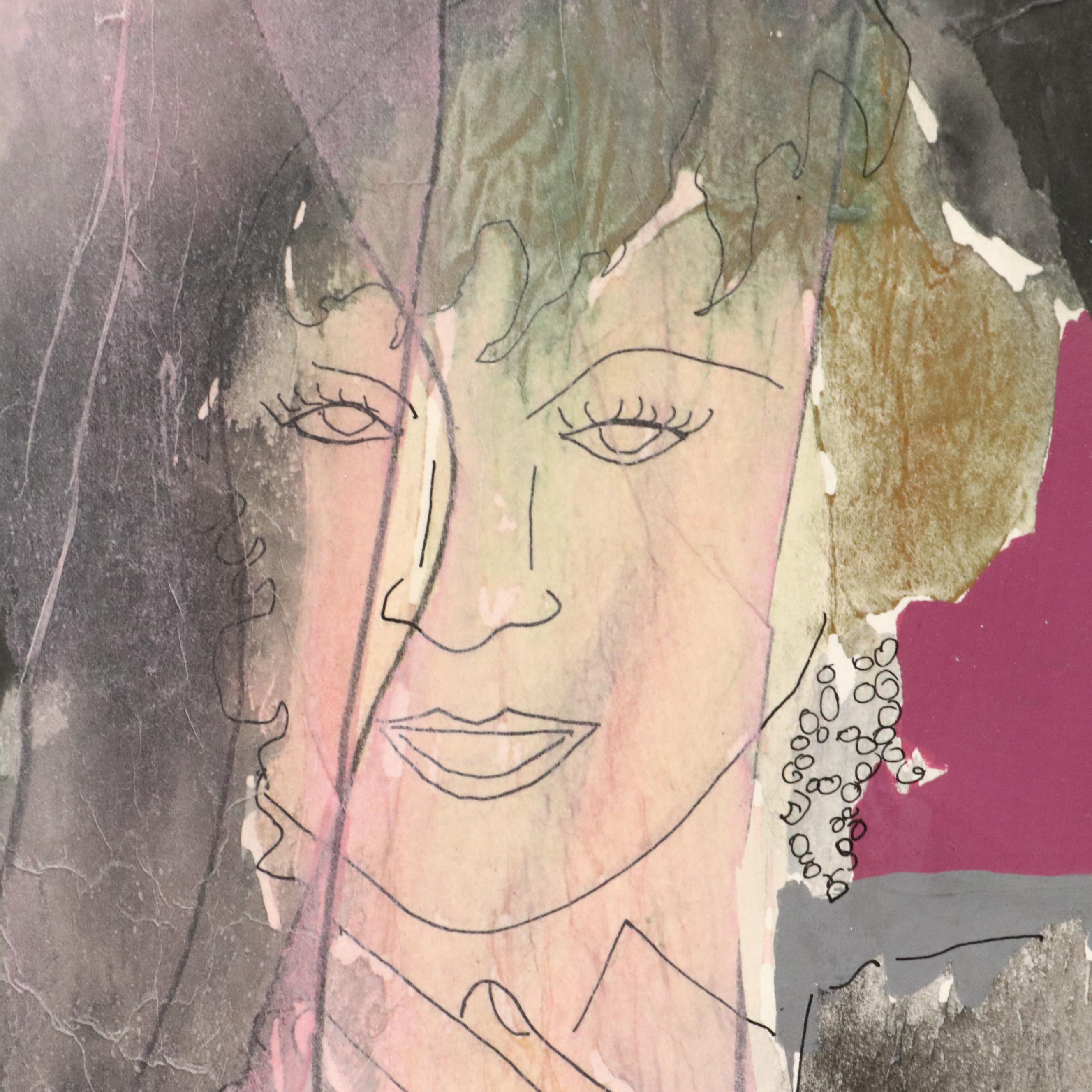 Figural Mixed Media Painting of Woman in Pink Dress