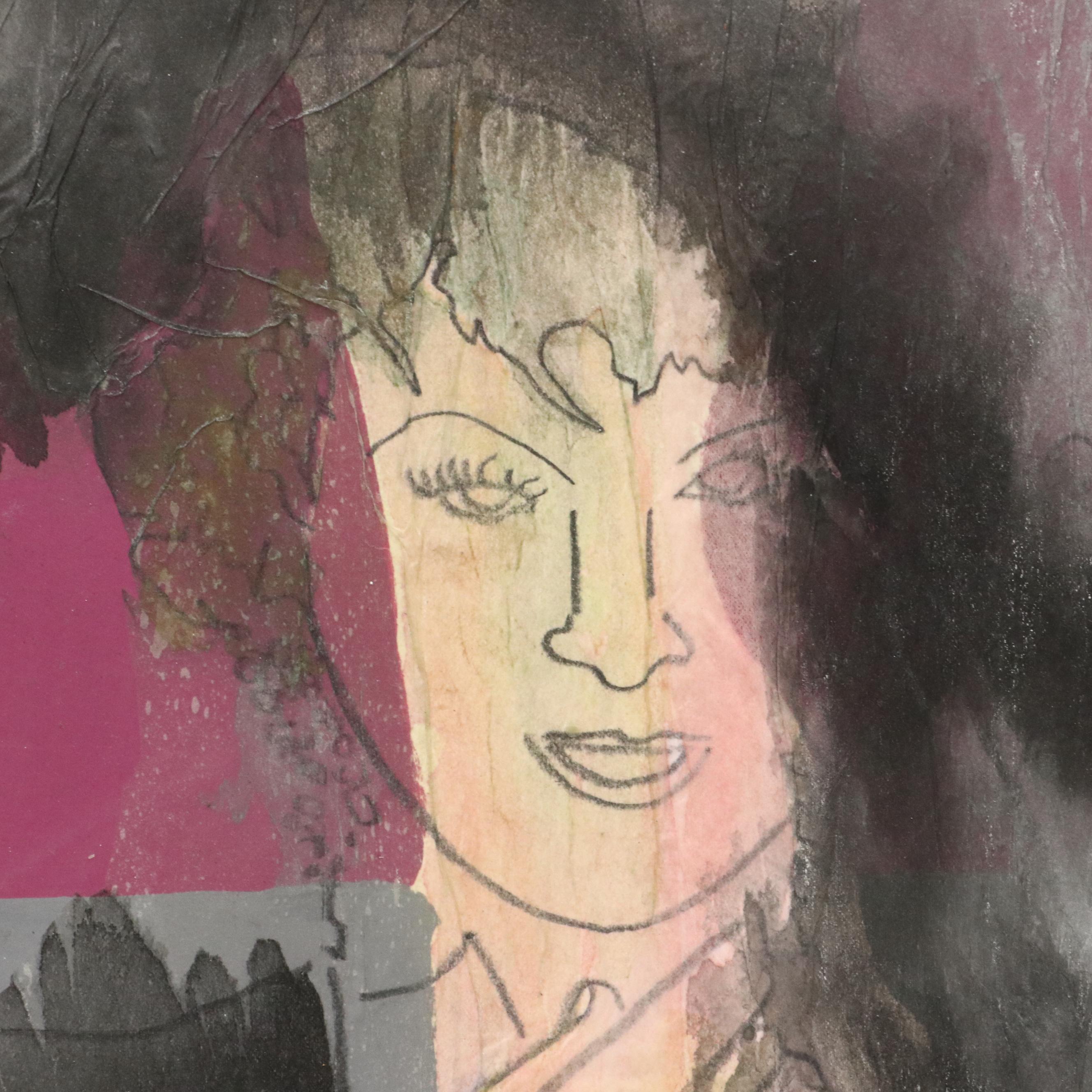 Figural Mixed Media Painting of Woman in Pink Dress