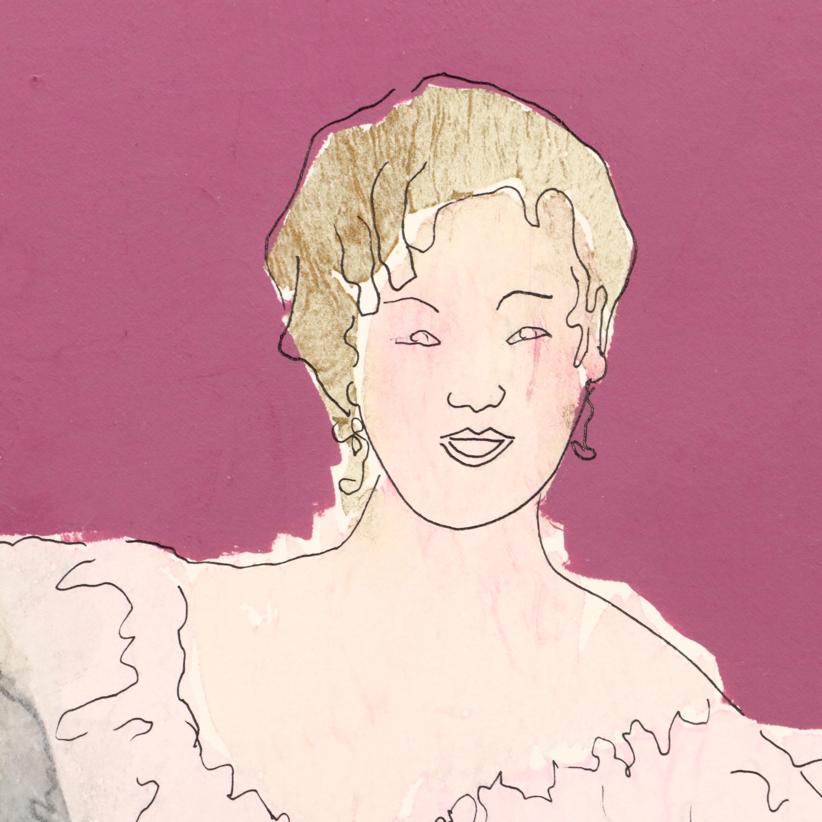 Figural Mixed Media Painting of Woman in Pink Dress