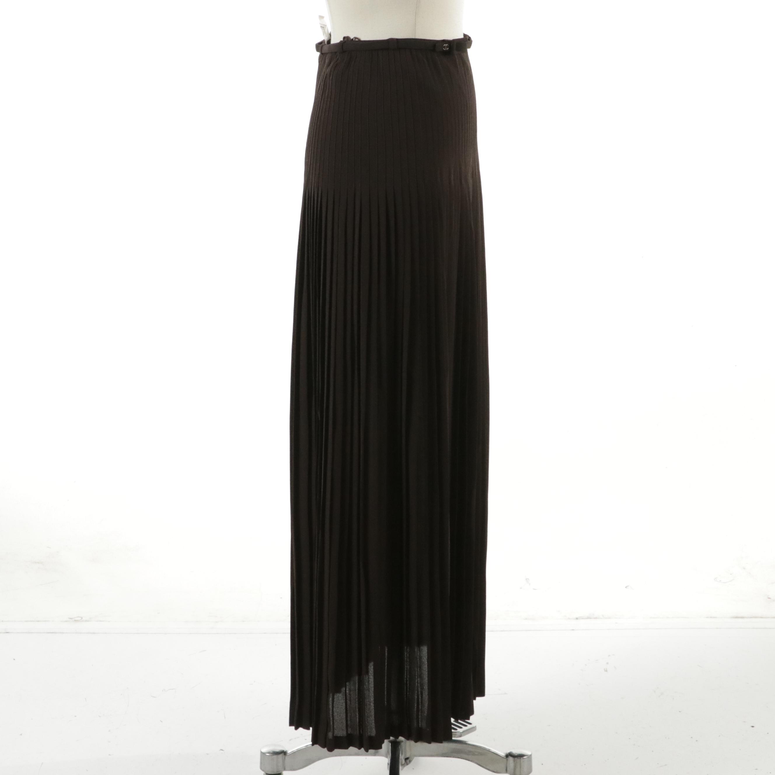 Chanel Chocolate Brown Pleated Polyester Maxi Skirt, Late 20th Century