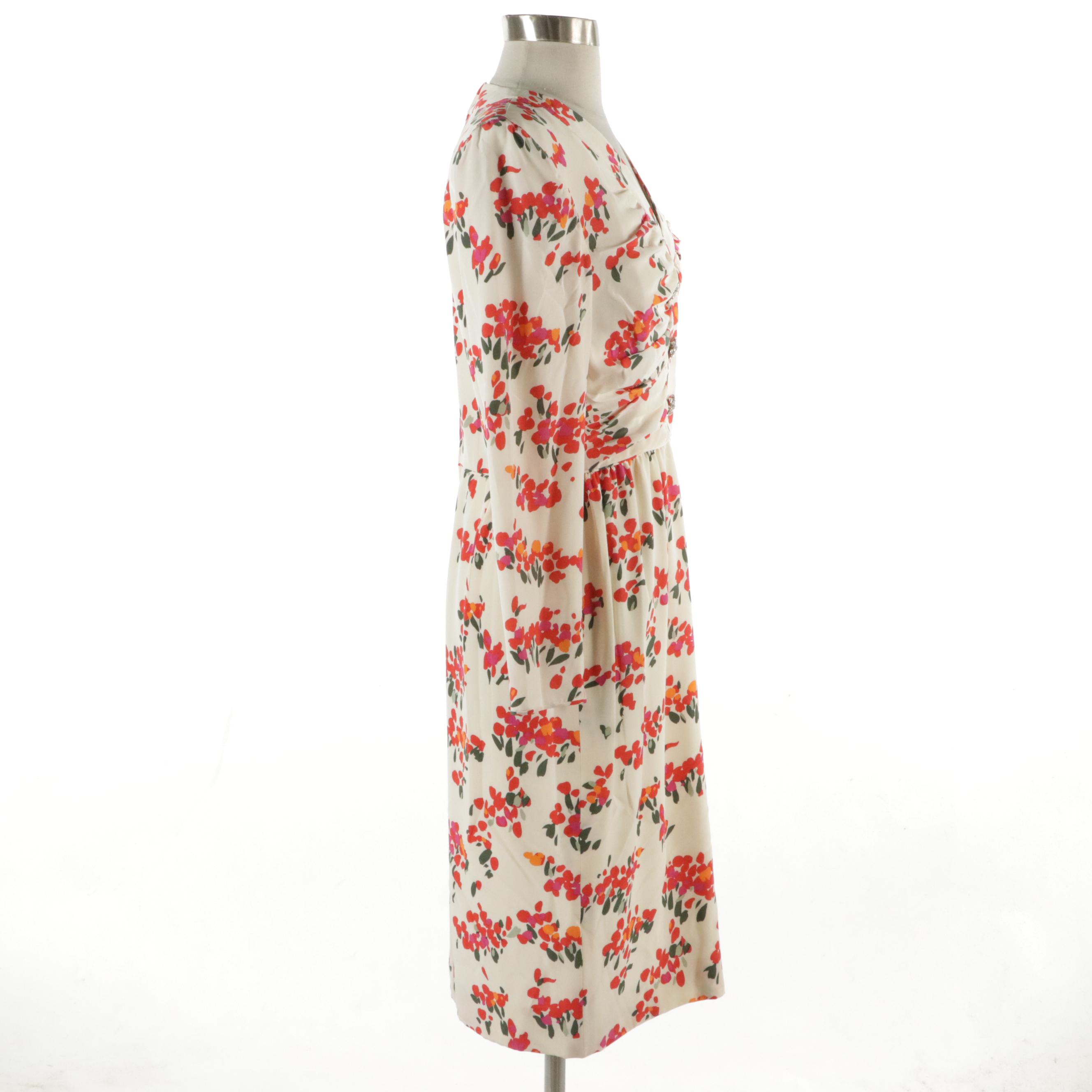 Night by Valentino Vintage Floral Silk Long Sleeve Dress with Rhinestone Buttons