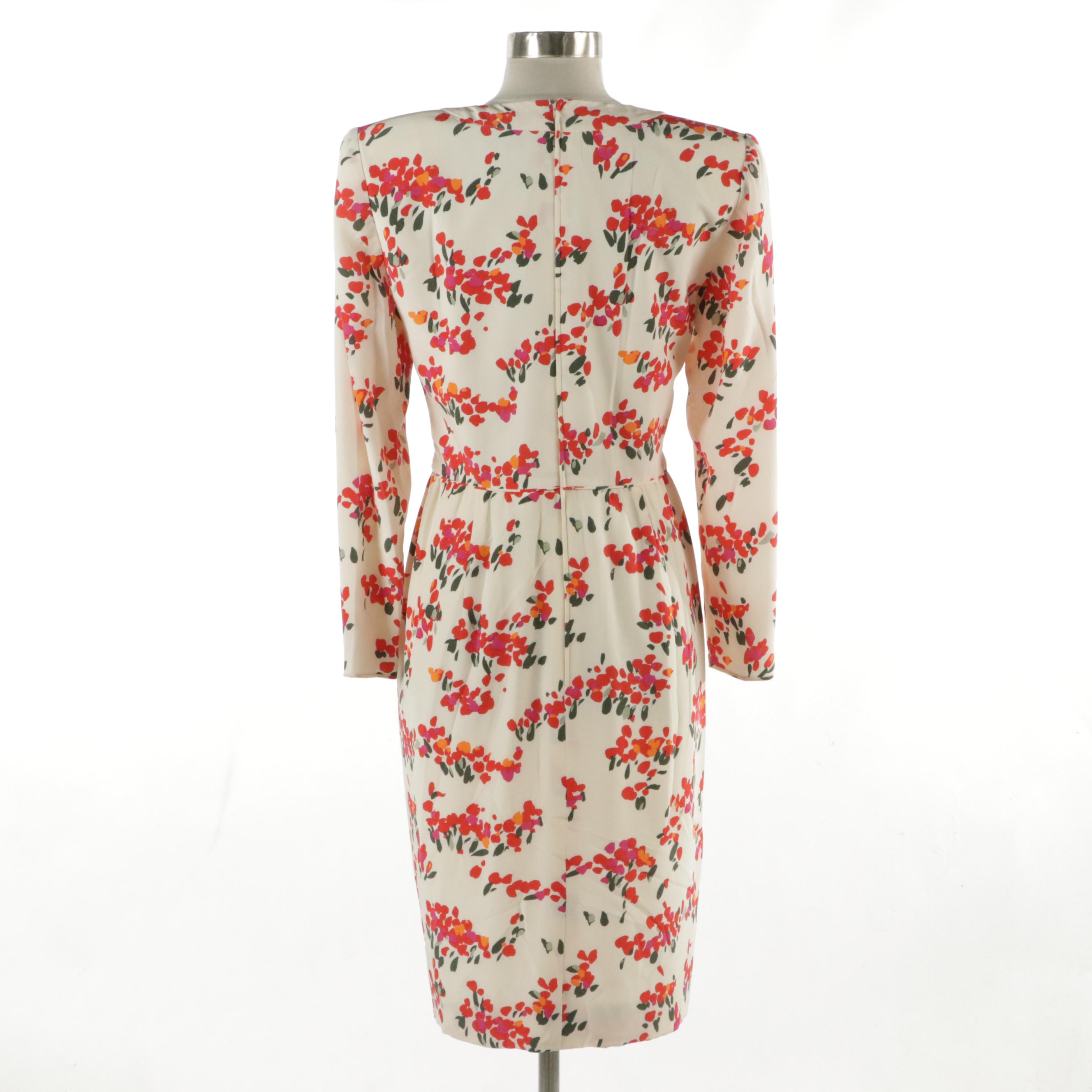 Night by Valentino Vintage Floral Silk Long Sleeve Dress with Rhinestone Buttons