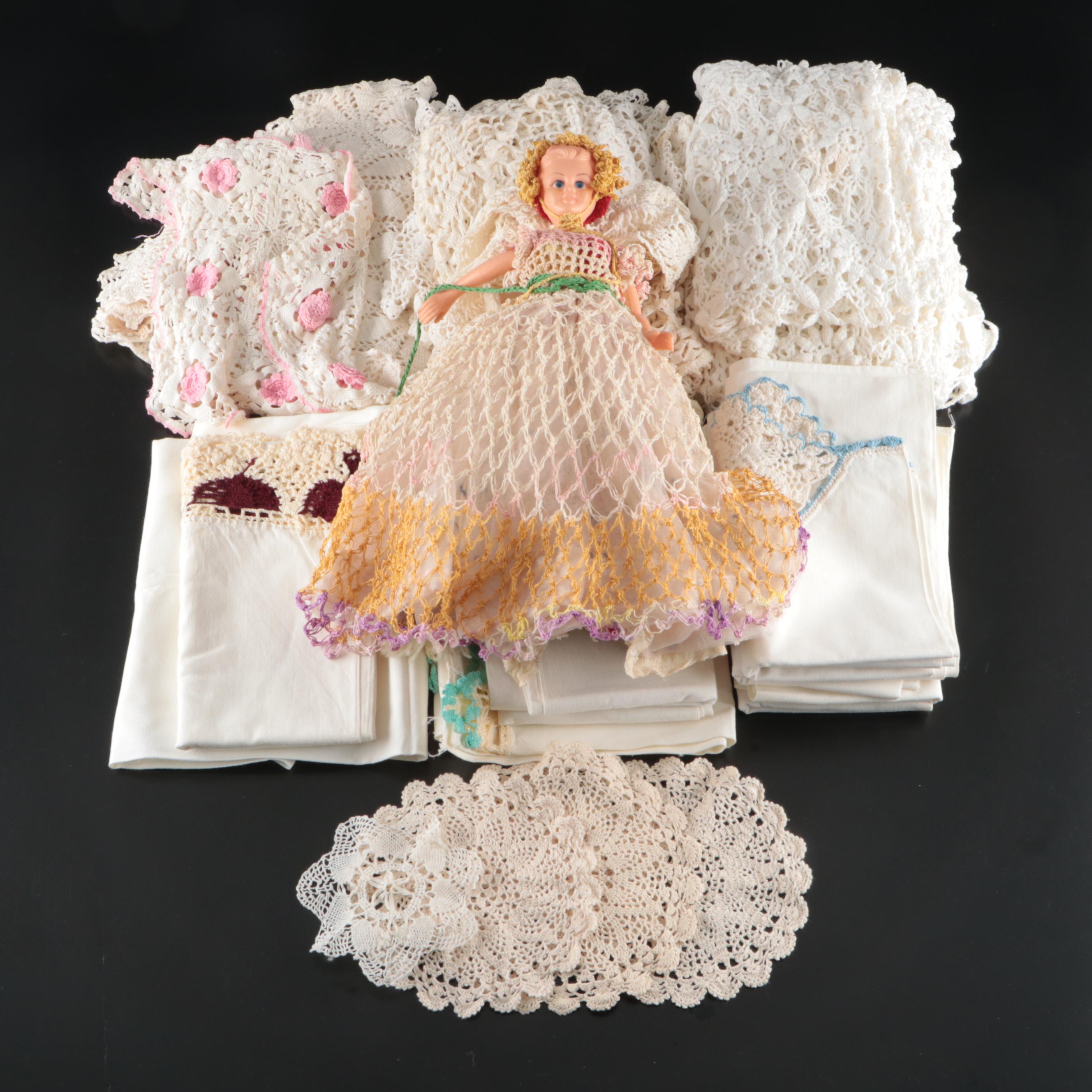 Vintage Pillowcases and Doilies with Handmade Crochet Dress Doll