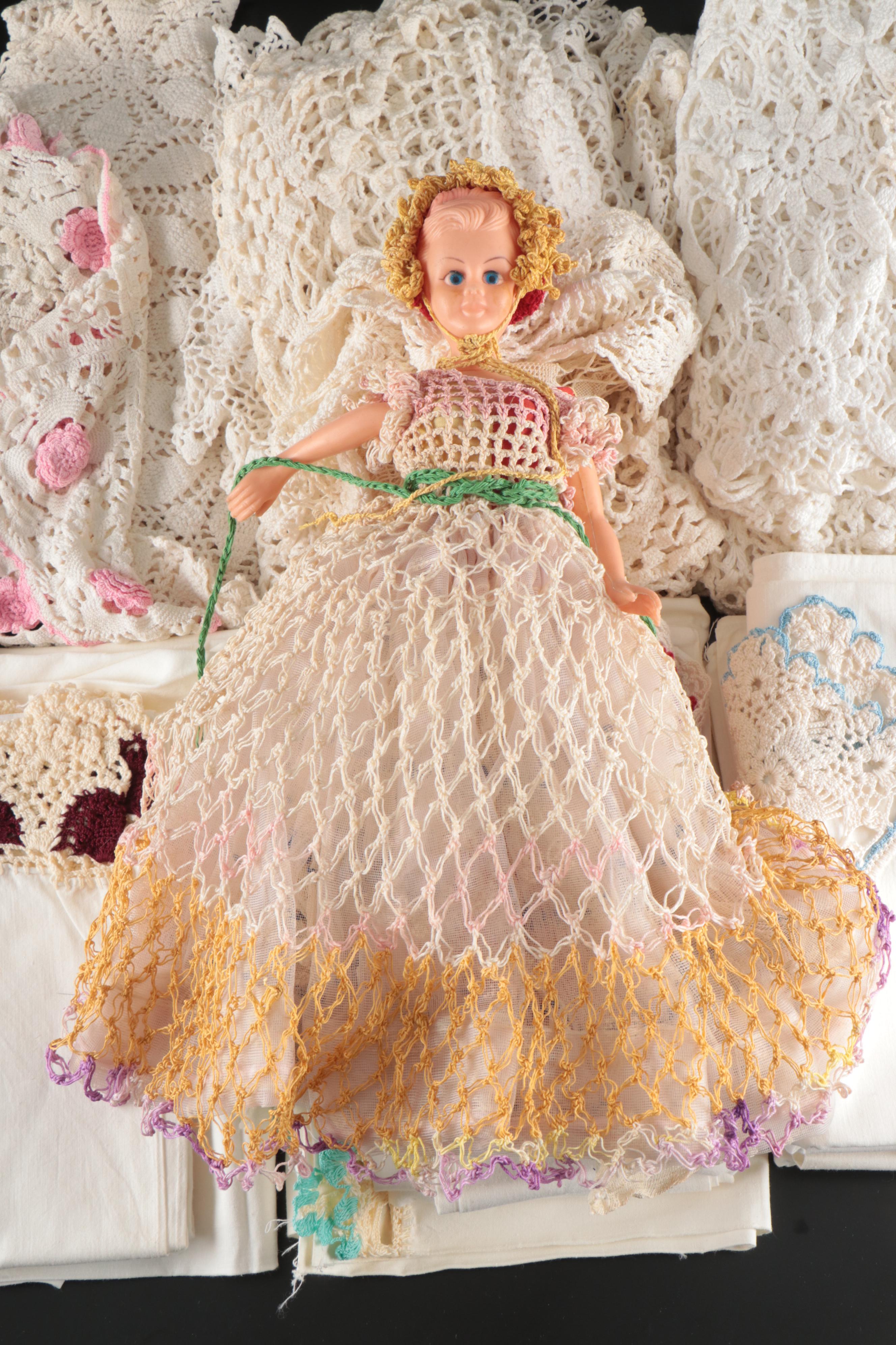 Vintage Pillowcases and Doilies with Handmade Crochet Dress Doll
