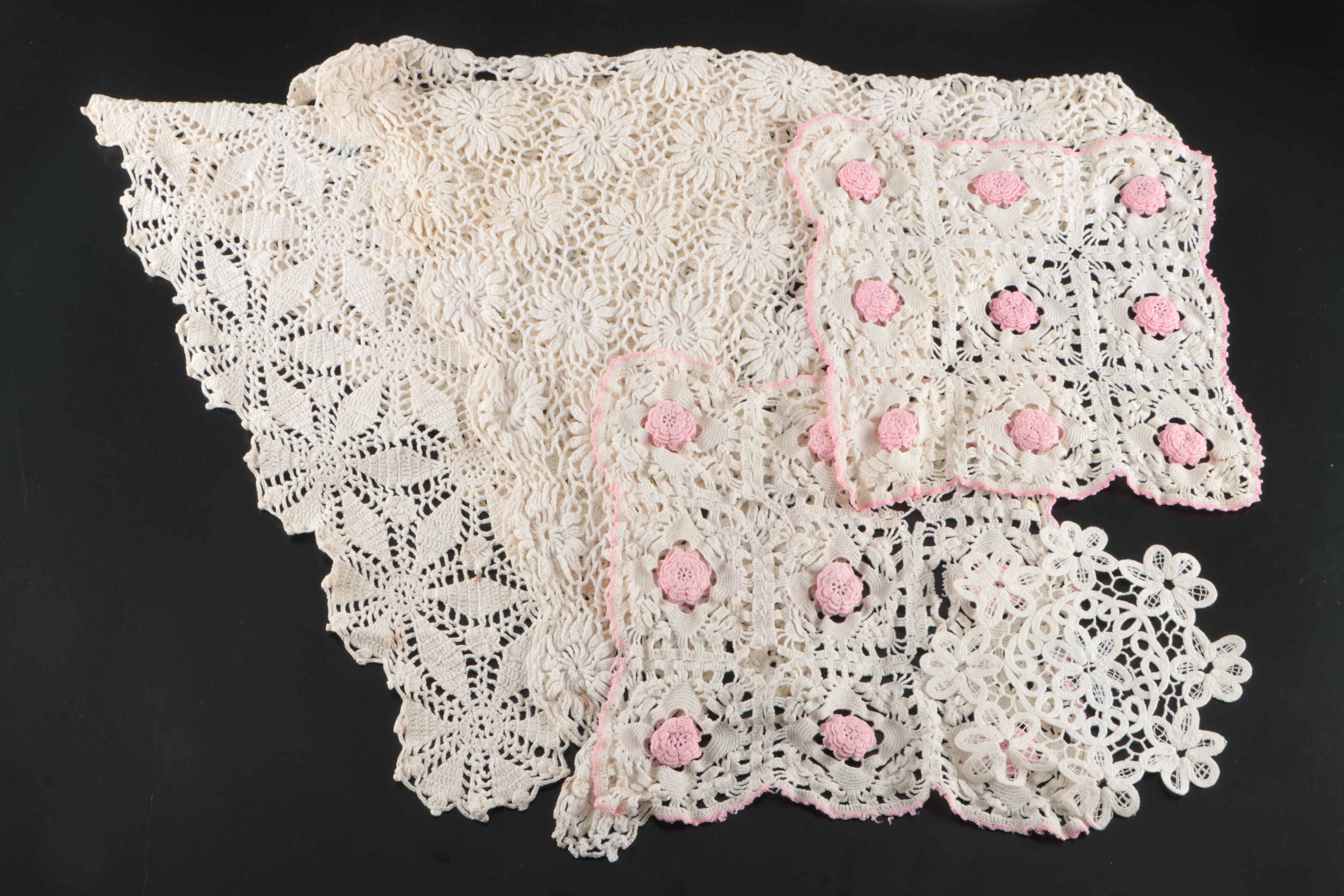 Vintage Pillowcases and Doilies with Handmade Crochet Dress Doll