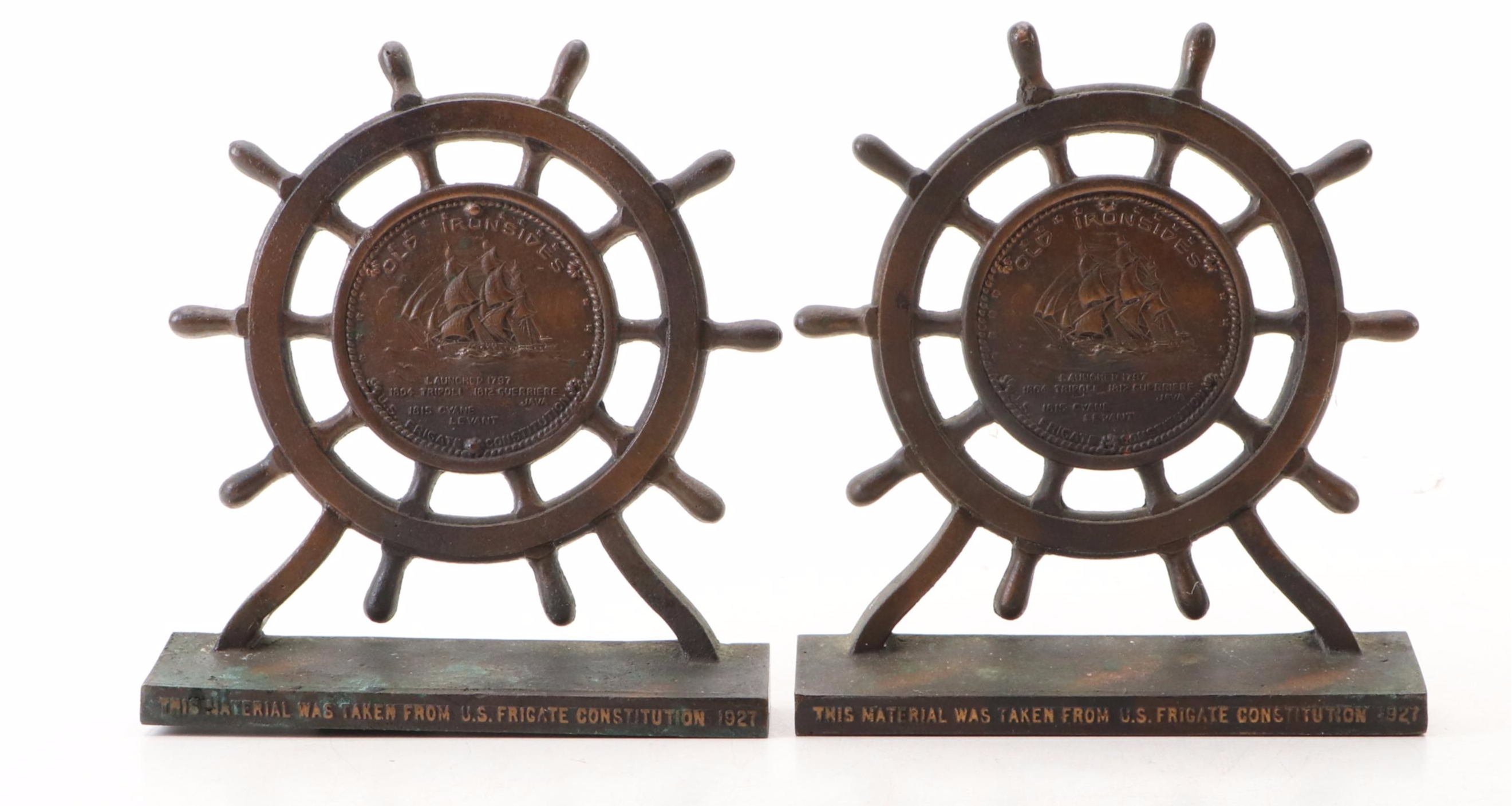 U.S. Frigate Constitution "Old Ironsides" Metal Bookends, Early to Mid-20th C.