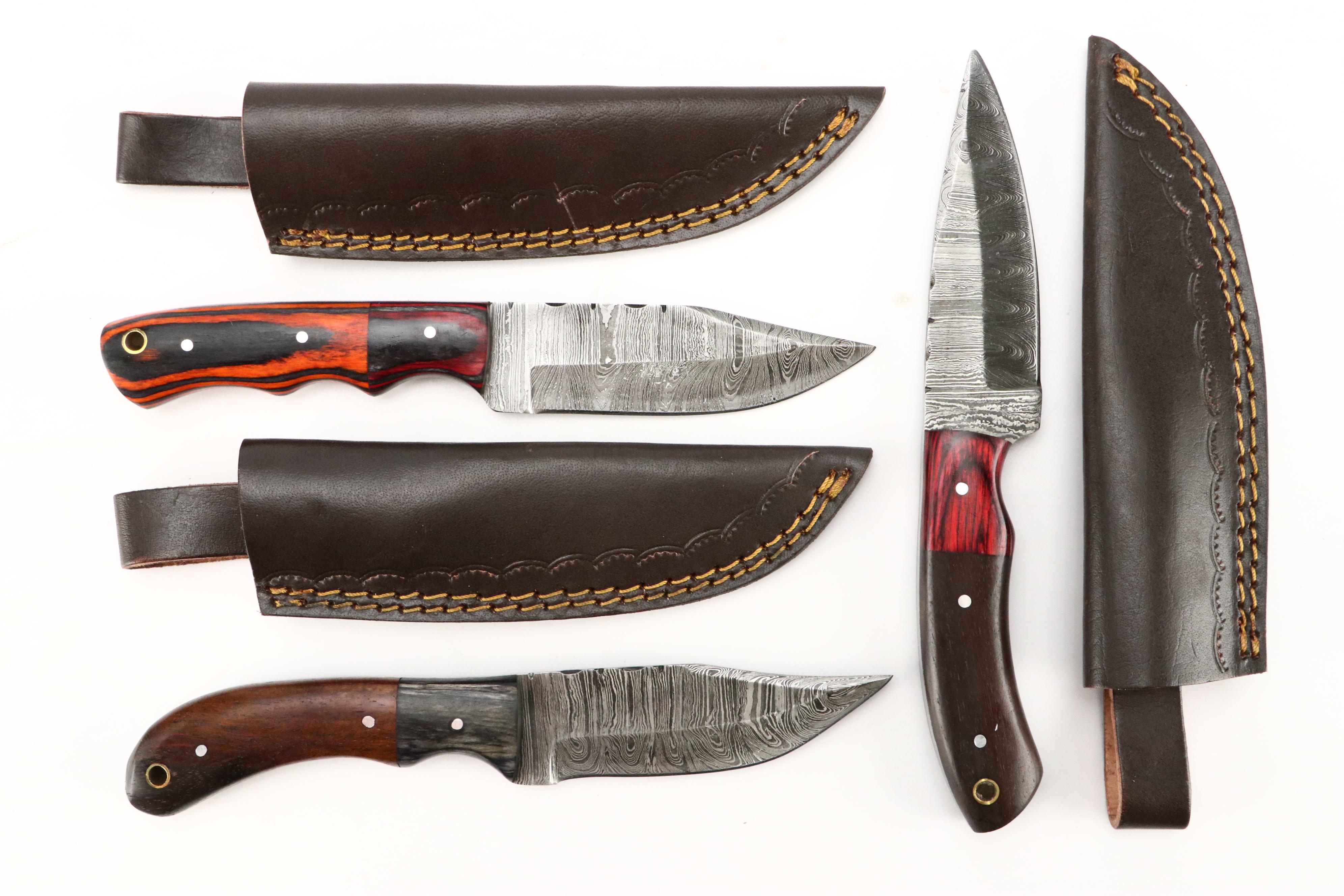 Damascus Steel and Wooden Handled Hunting Knives in Leather Scabbards