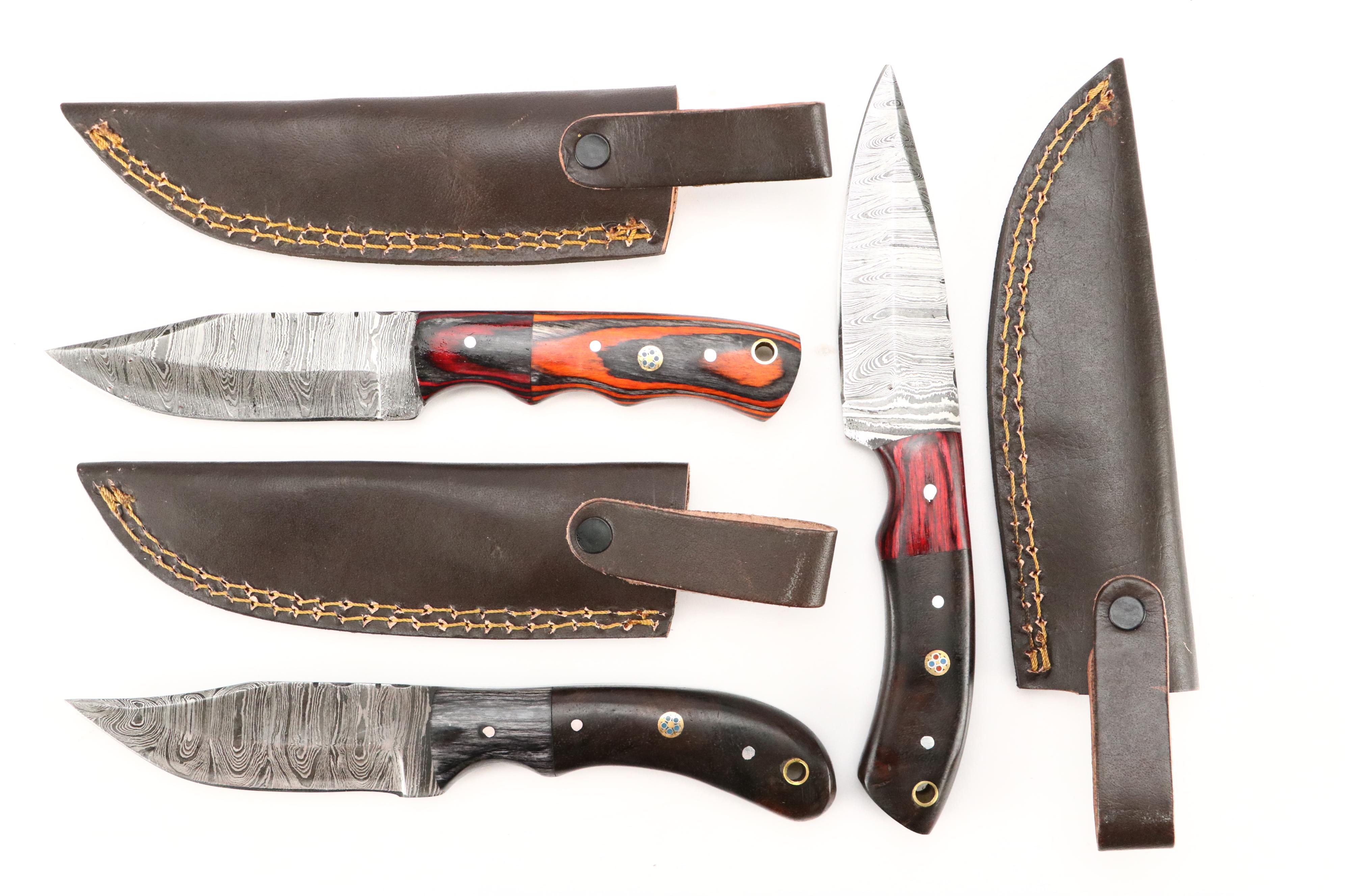 Damascus Steel and Wooden Handled Hunting Knives in Leather Scabbards