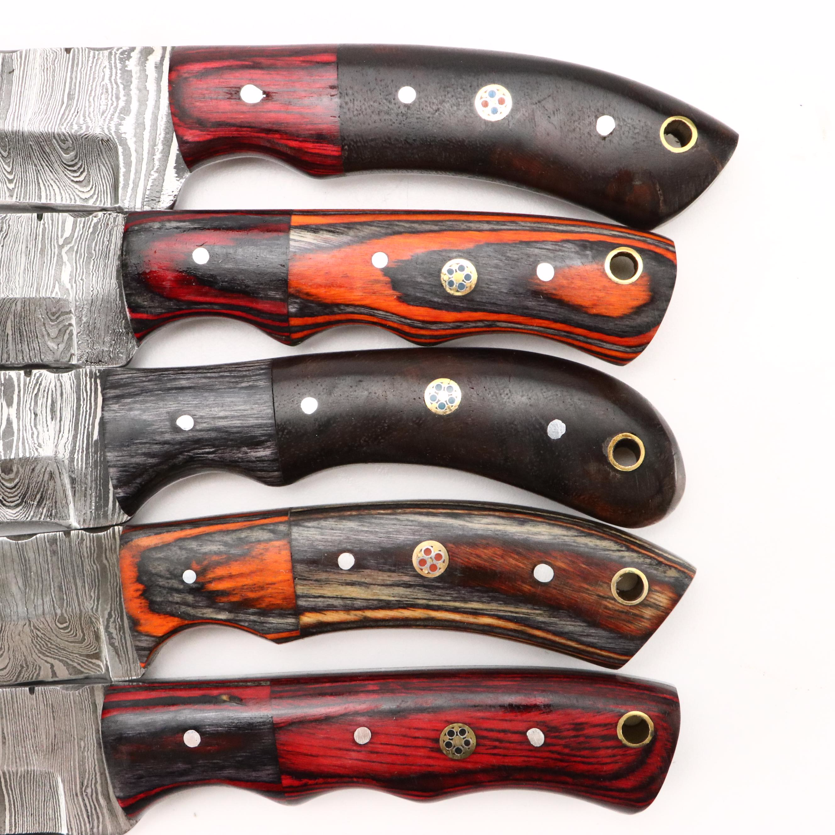 Damascus Steel and Wooden Handled Hunting Knives in Leather Scabbards