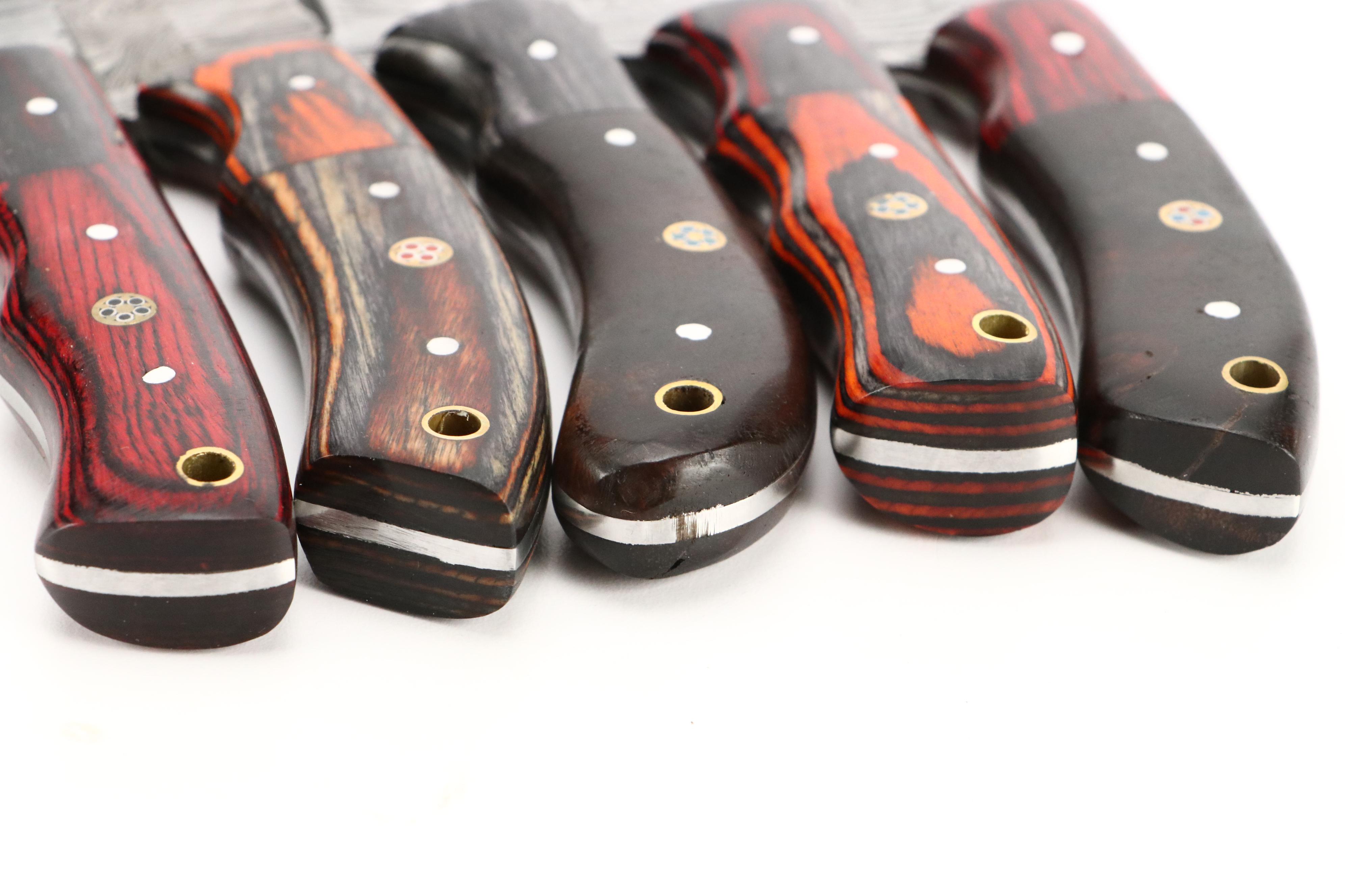 Damascus Steel and Wooden Handled Hunting Knives in Leather Scabbards