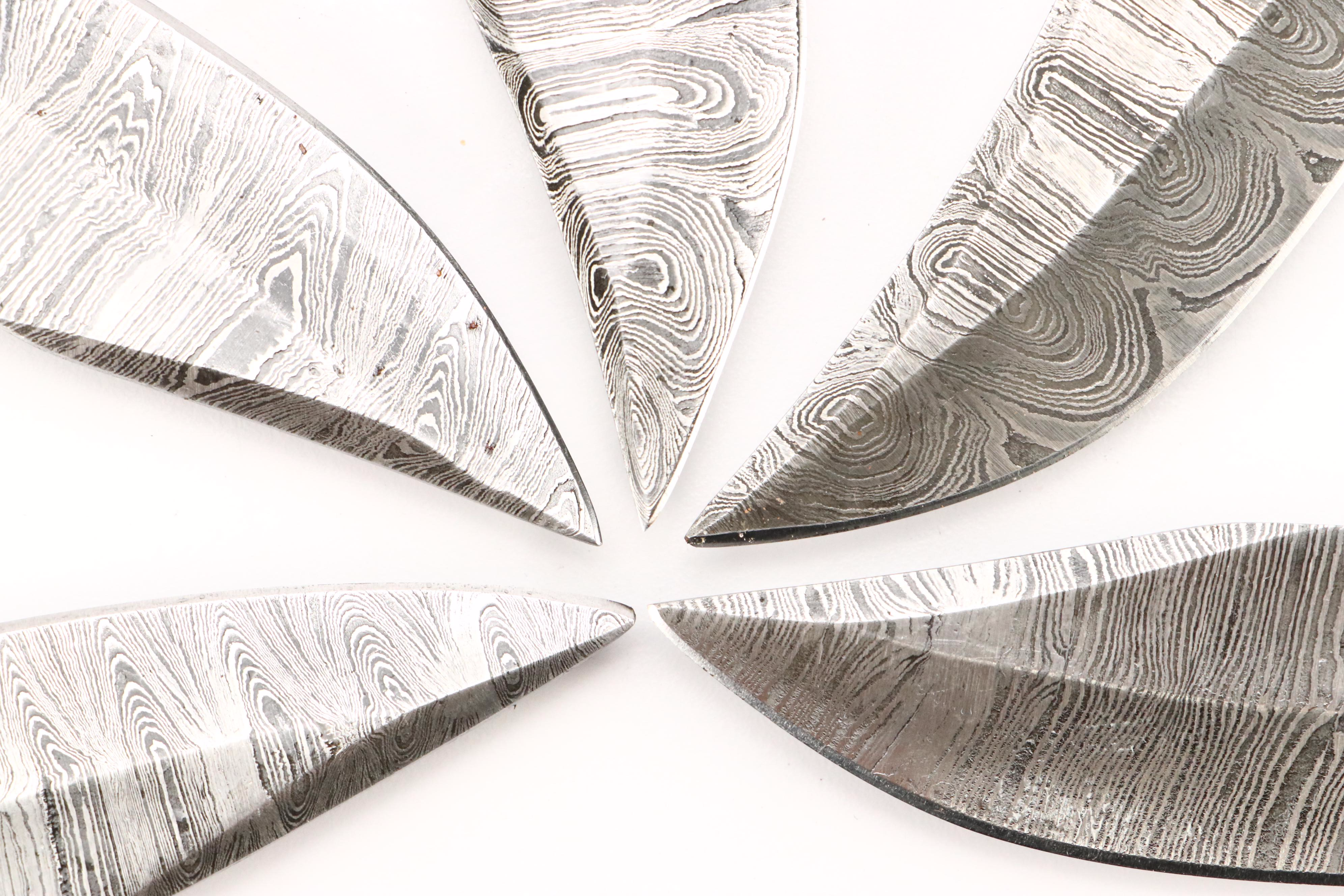 Damascus Steel and Wooden Handled Hunting Knives in Leather Scabbards