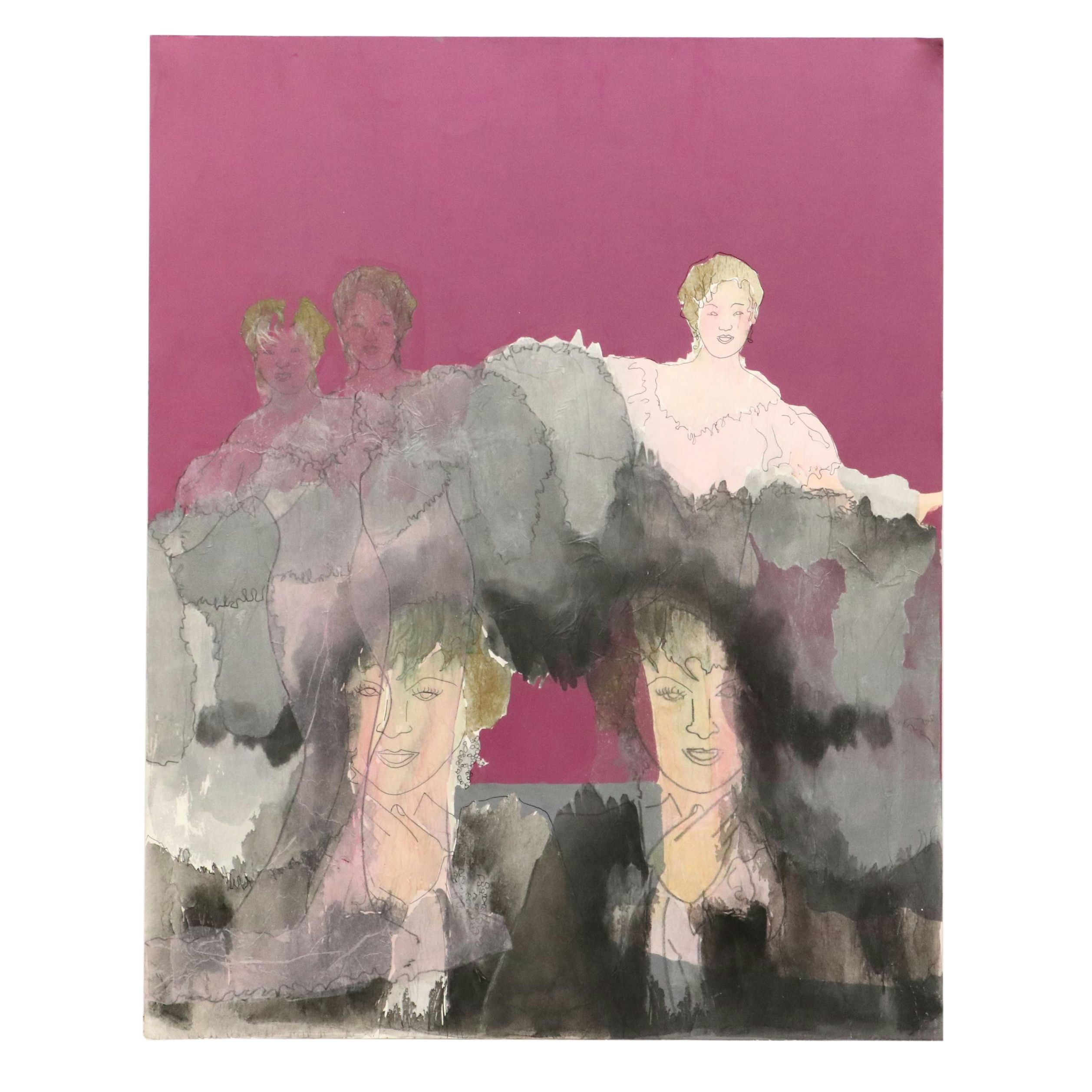 Figural Mixed Media Painting of Woman in Pink Dress