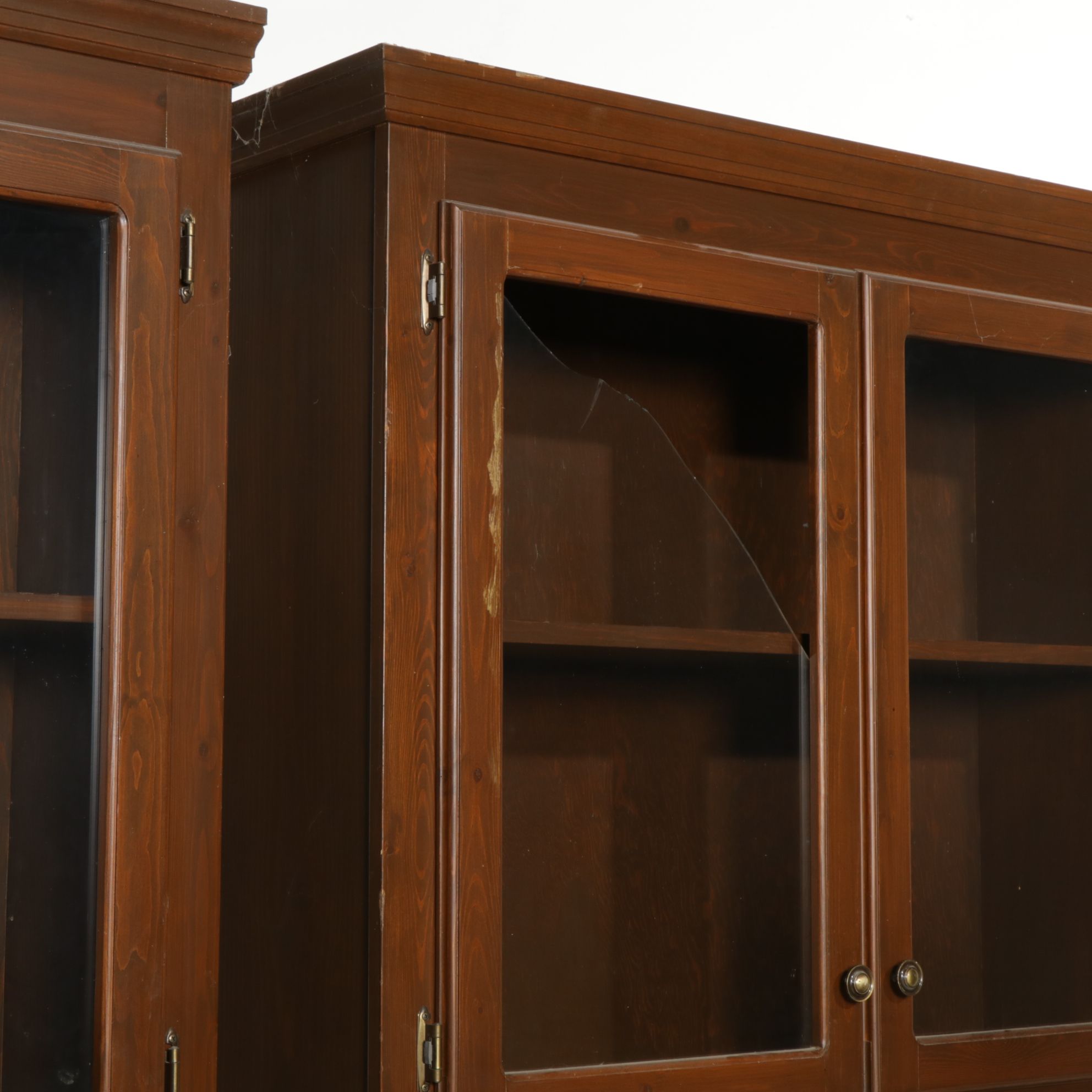 Pair of Stained Pine Storage Shelves with Glass Doors, Late 20th Century