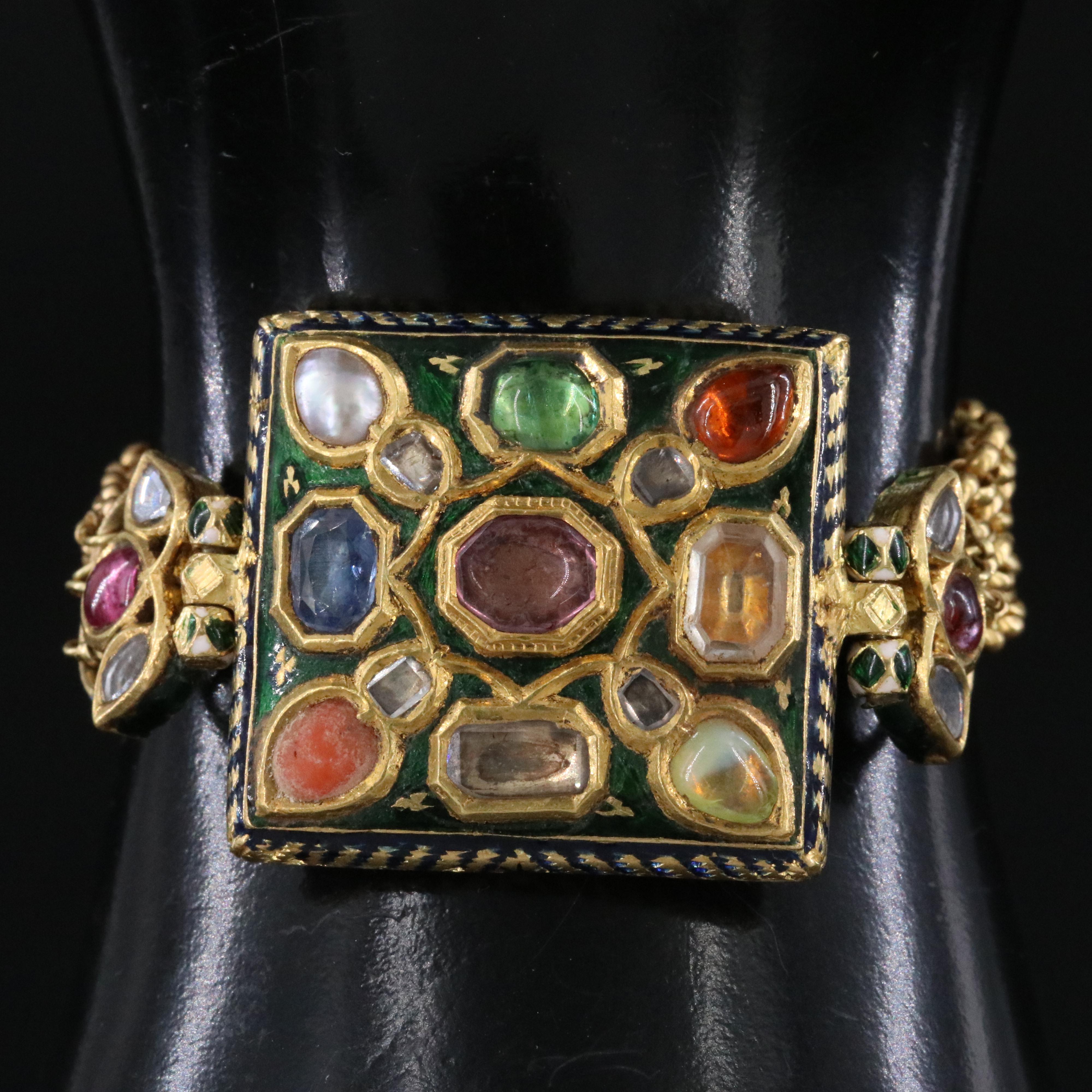 Indian Mughal Style 22K Gemstone and Enamel Kundan Meena Bracelet
