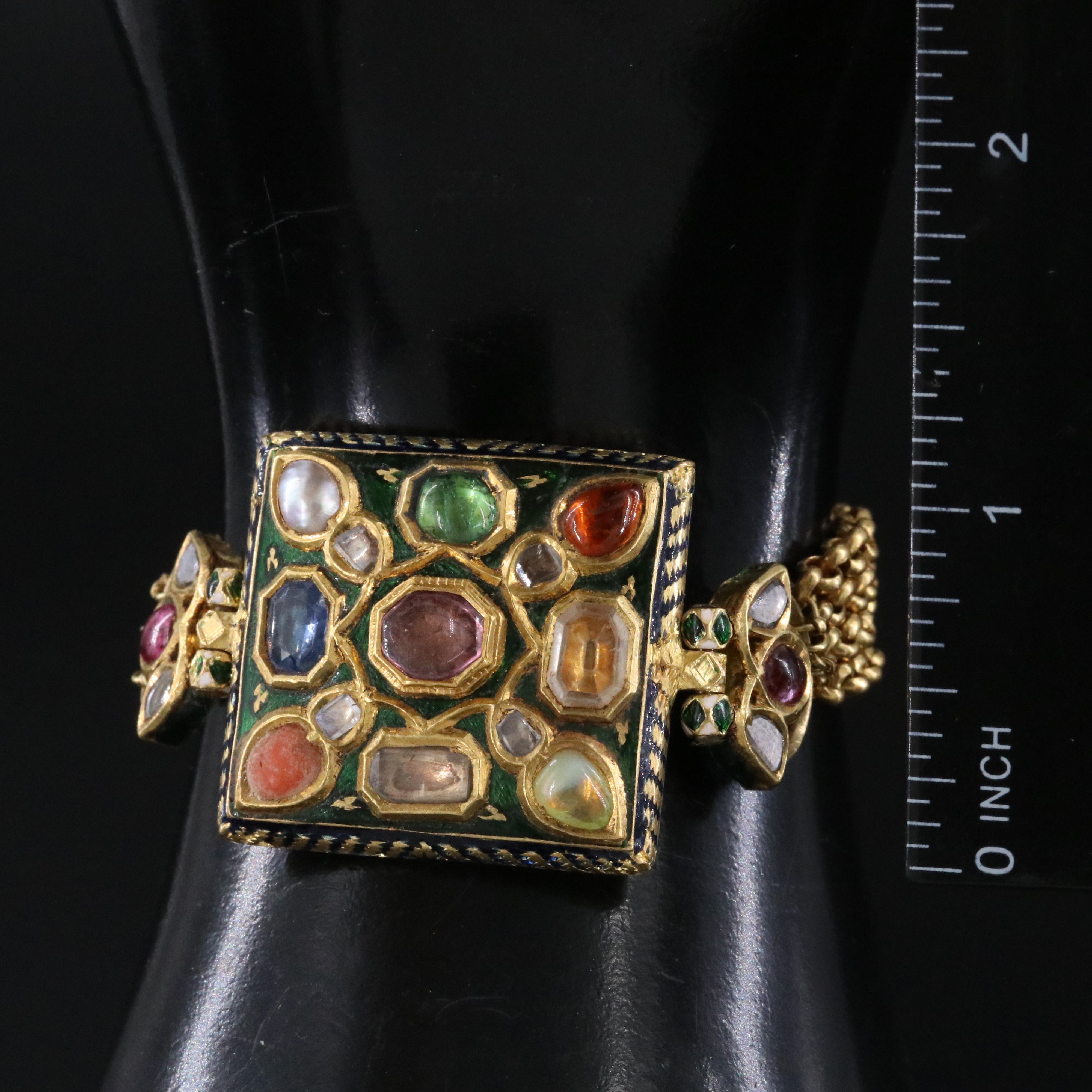 Indian Mughal Style 22K Gemstone and Enamel Kundan Meena Bracelet