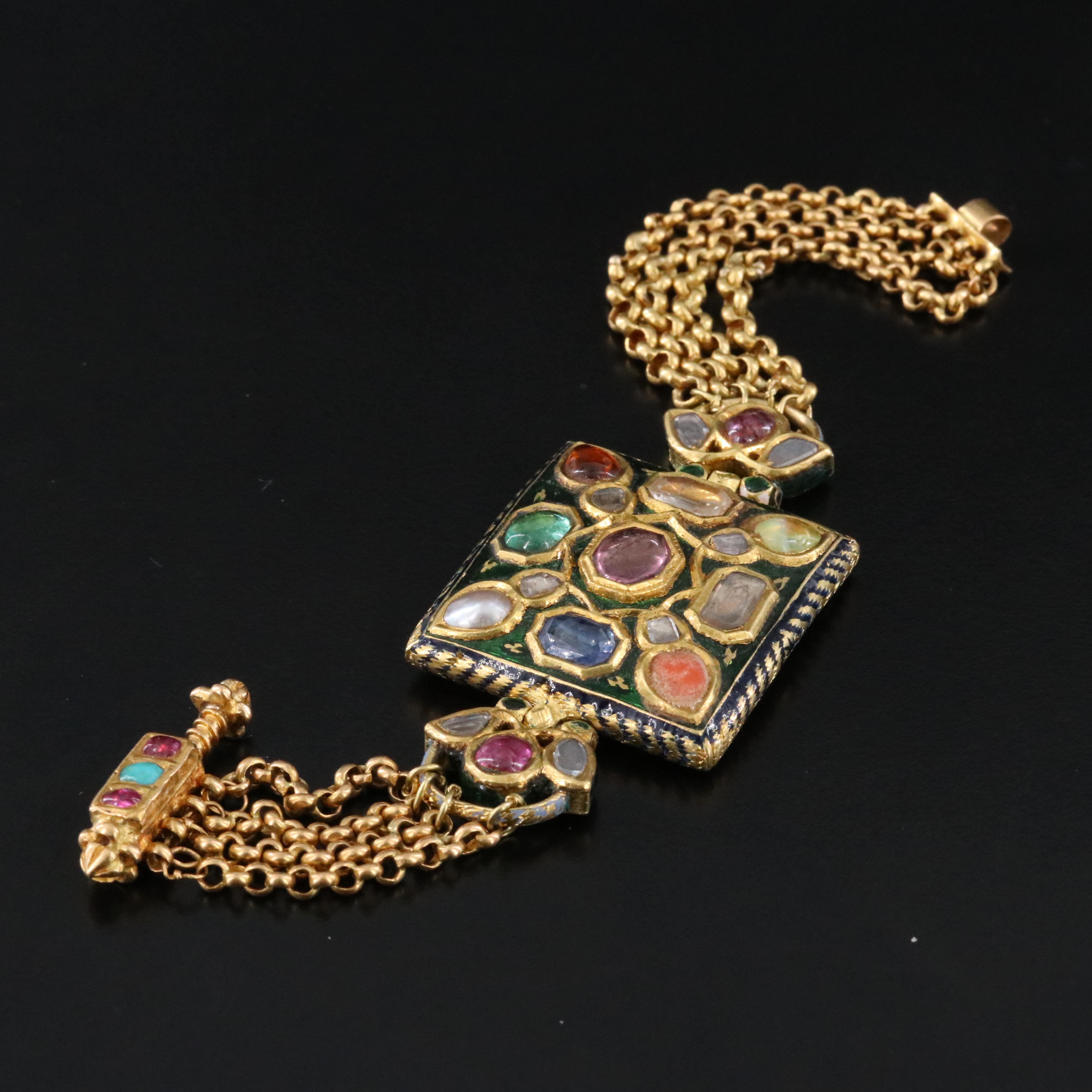 Indian Mughal Style 22K Gemstone and Enamel Kundan Meena Bracelet