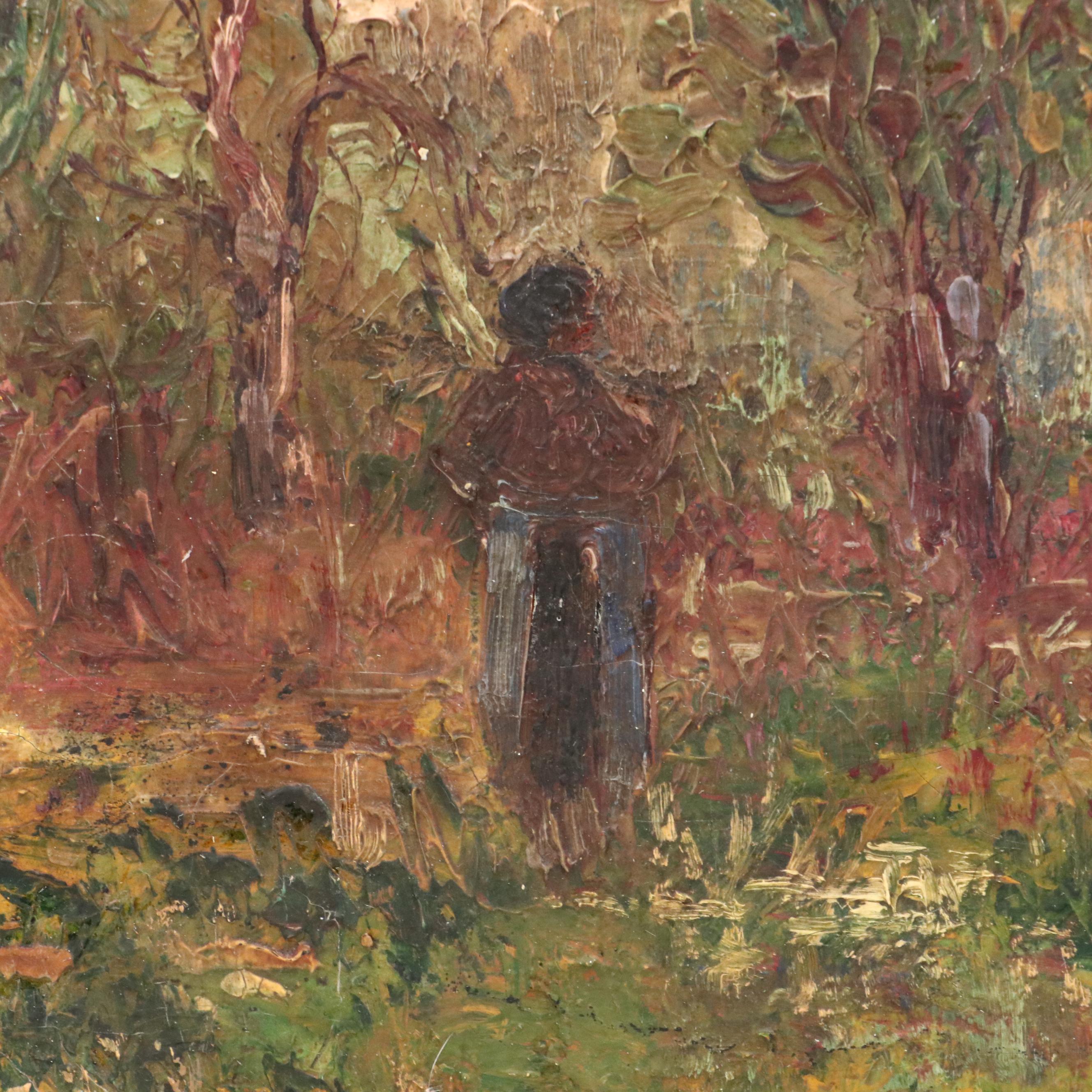Impasto Oil Painting of Courtyard Scene with Figure, 1923
