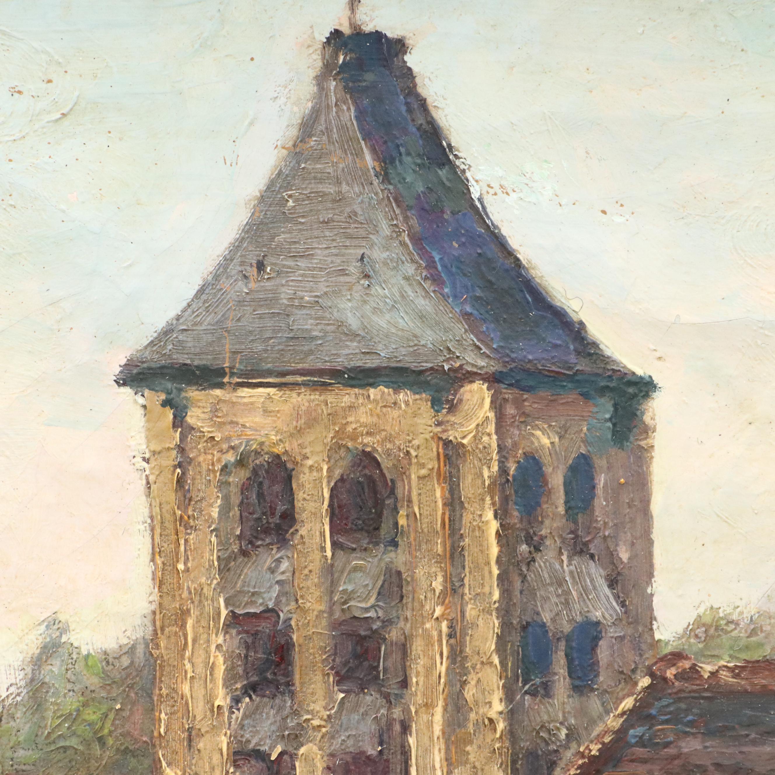 Impasto Oil Painting of Courtyard Scene with Figure, 1923