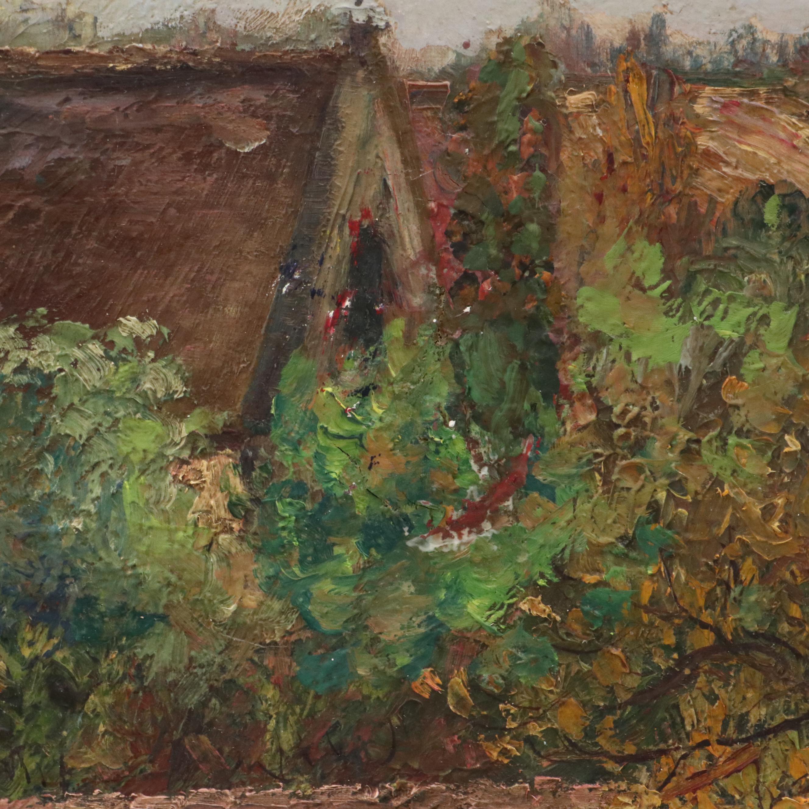 Impasto Oil Painting of Courtyard Scene with Figure, 1923