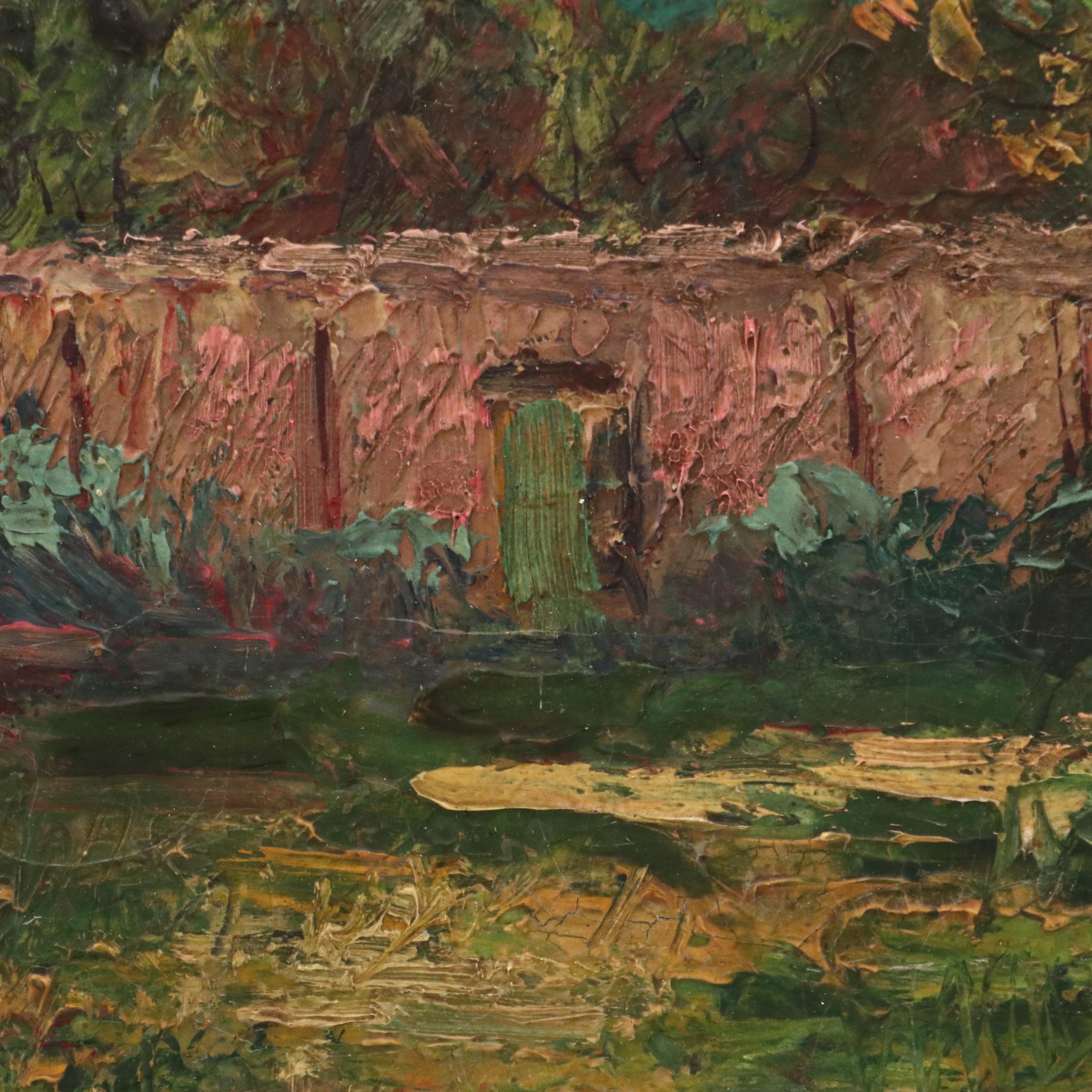 Impasto Oil Painting of Courtyard Scene with Figure, 1923