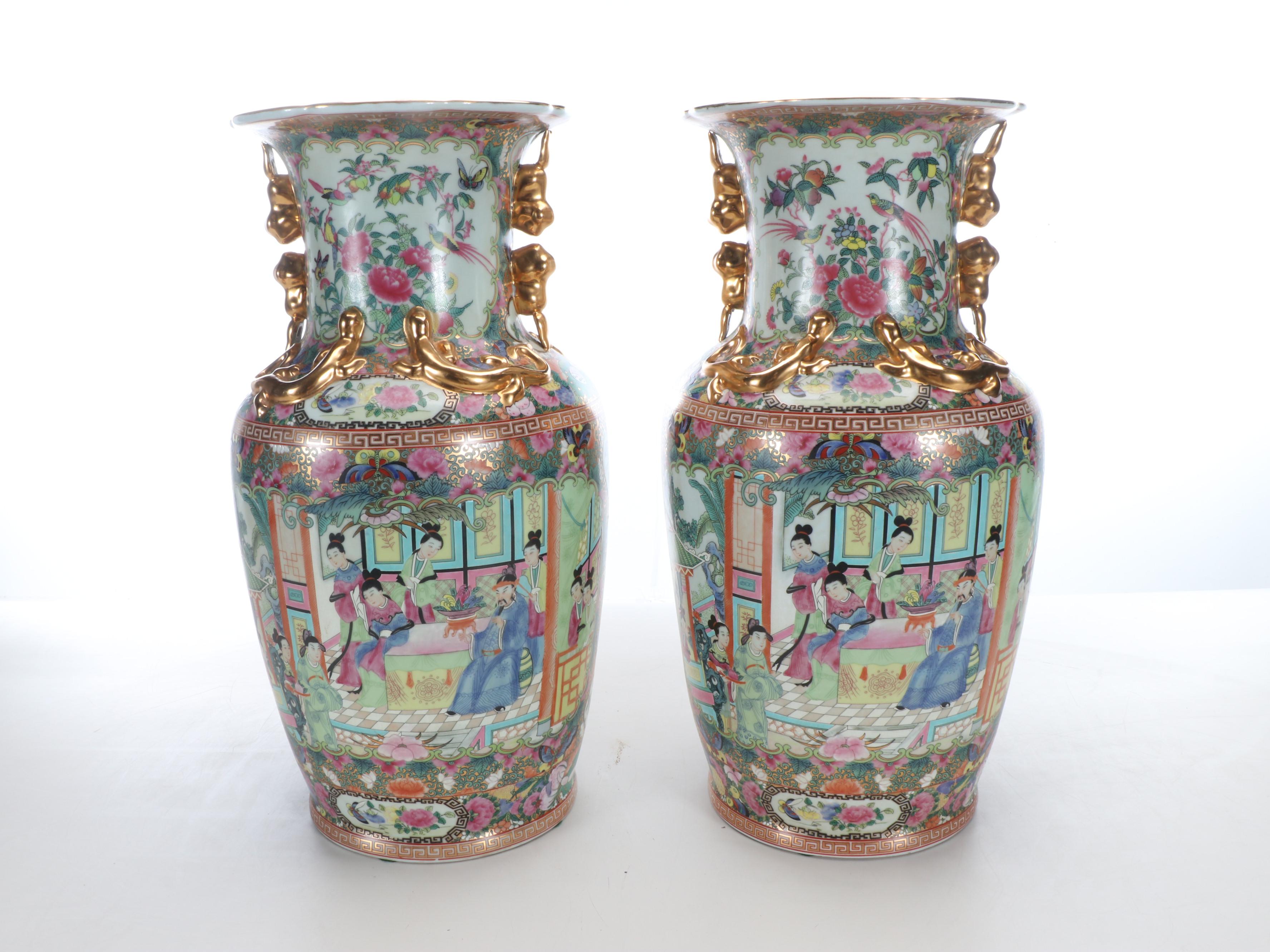 Pair of Chinese Rose Medallion Porcelain Floor Vases on Wood Stands