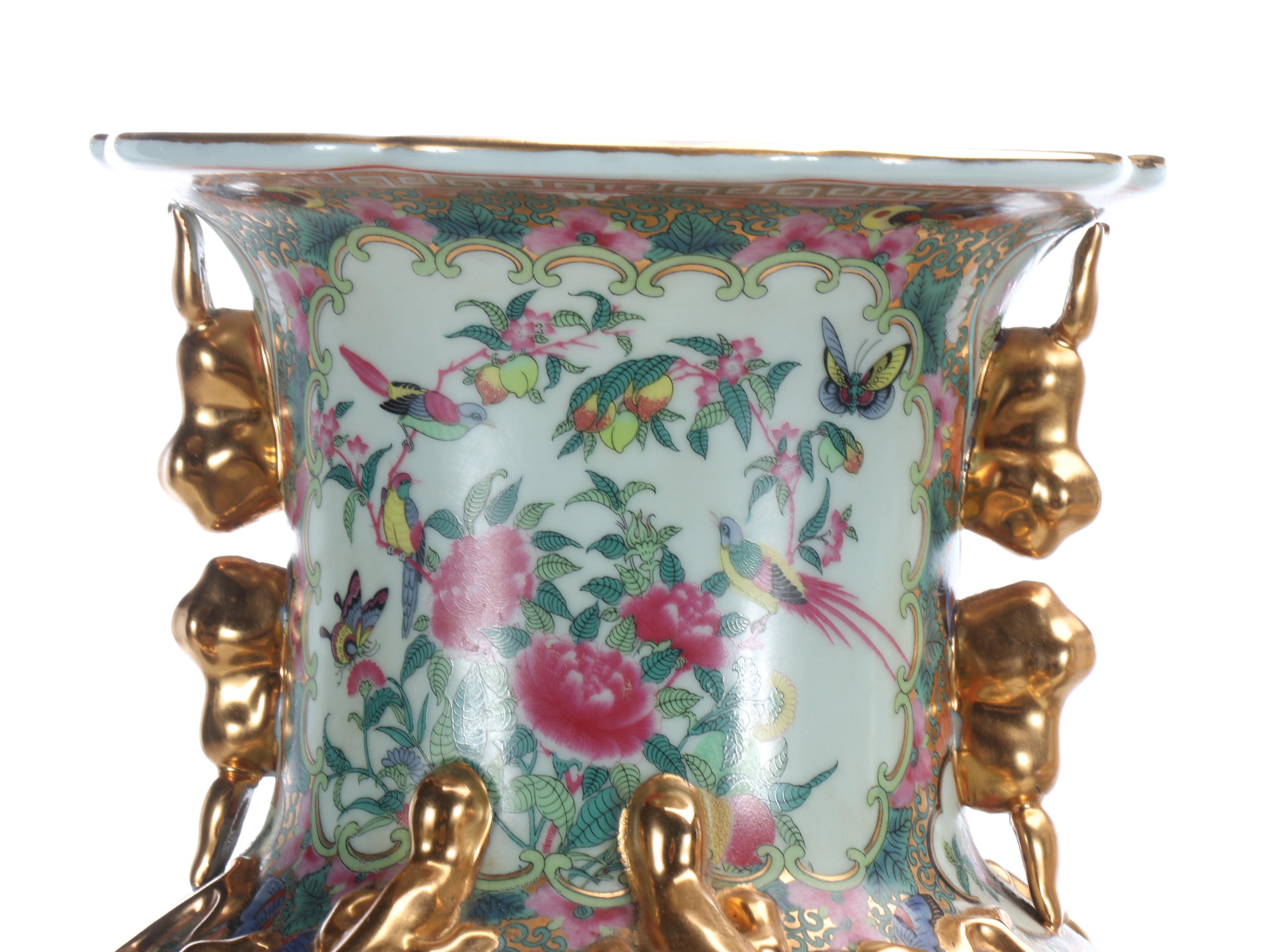 Pair of Chinese Rose Medallion Porcelain Floor Vases on Wood Stands