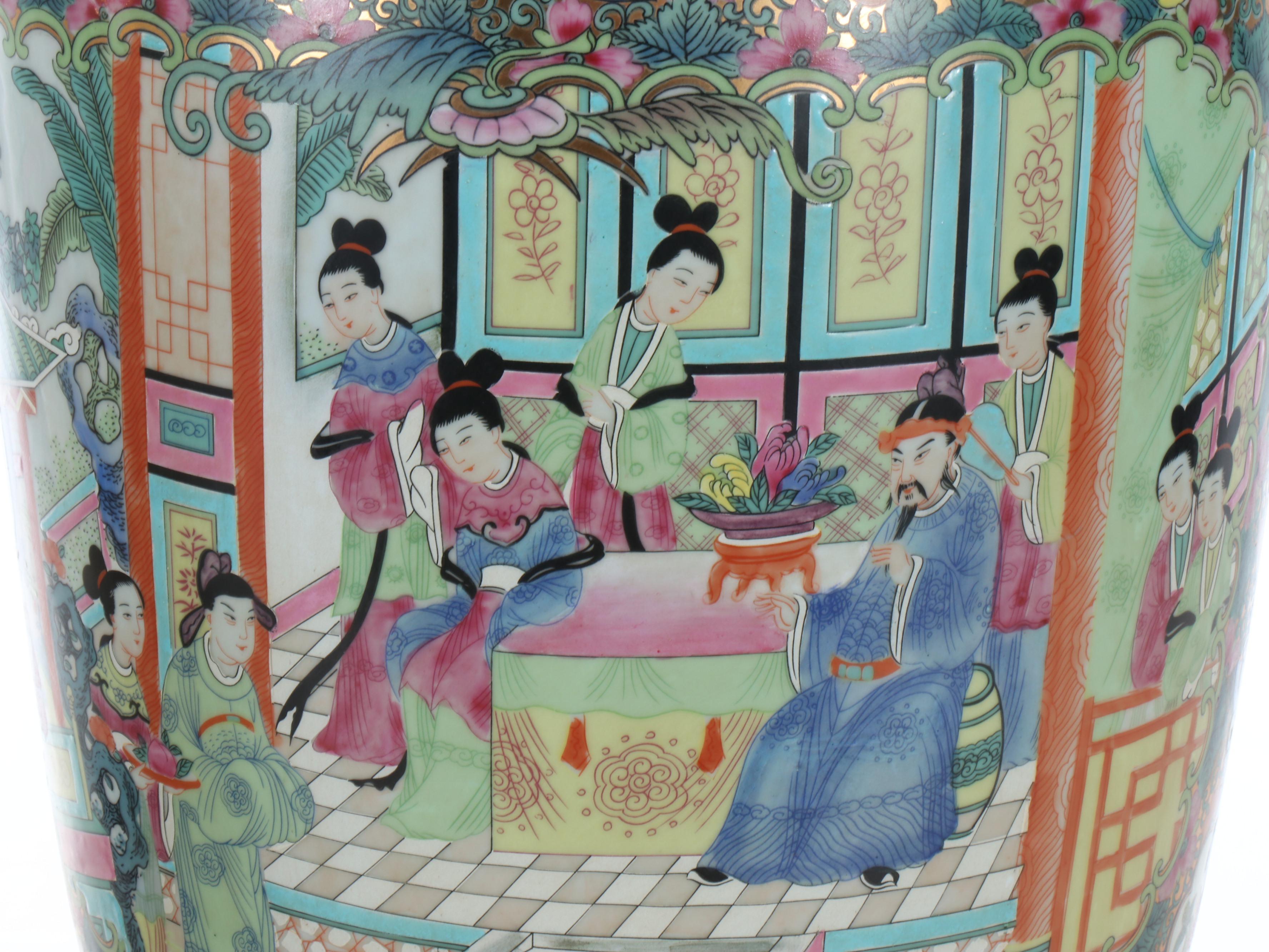 Pair of Chinese Rose Medallion Porcelain Floor Vases on Wood Stands