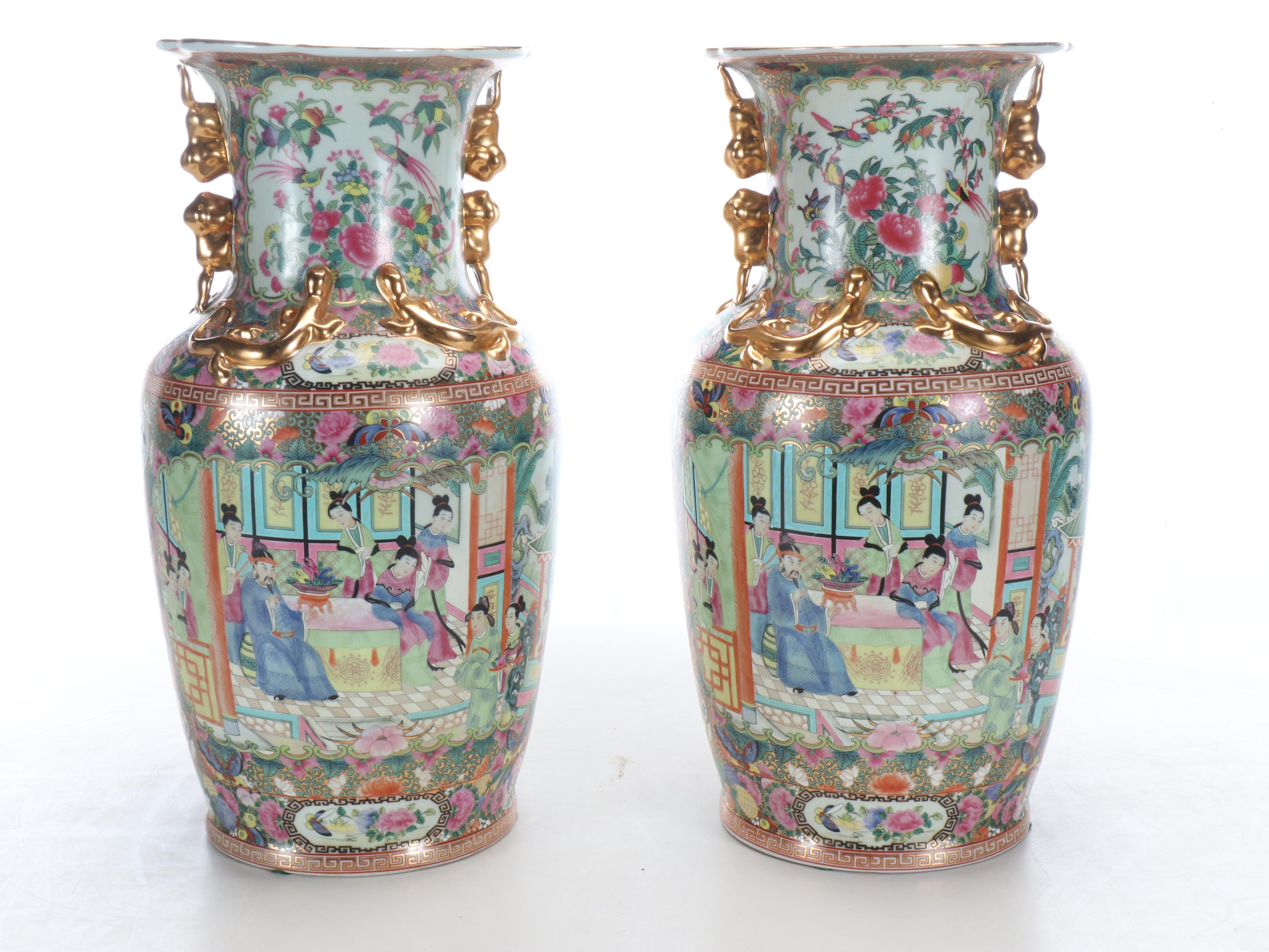 Pair of Chinese Rose Medallion Porcelain Floor Vases on Wood Stands