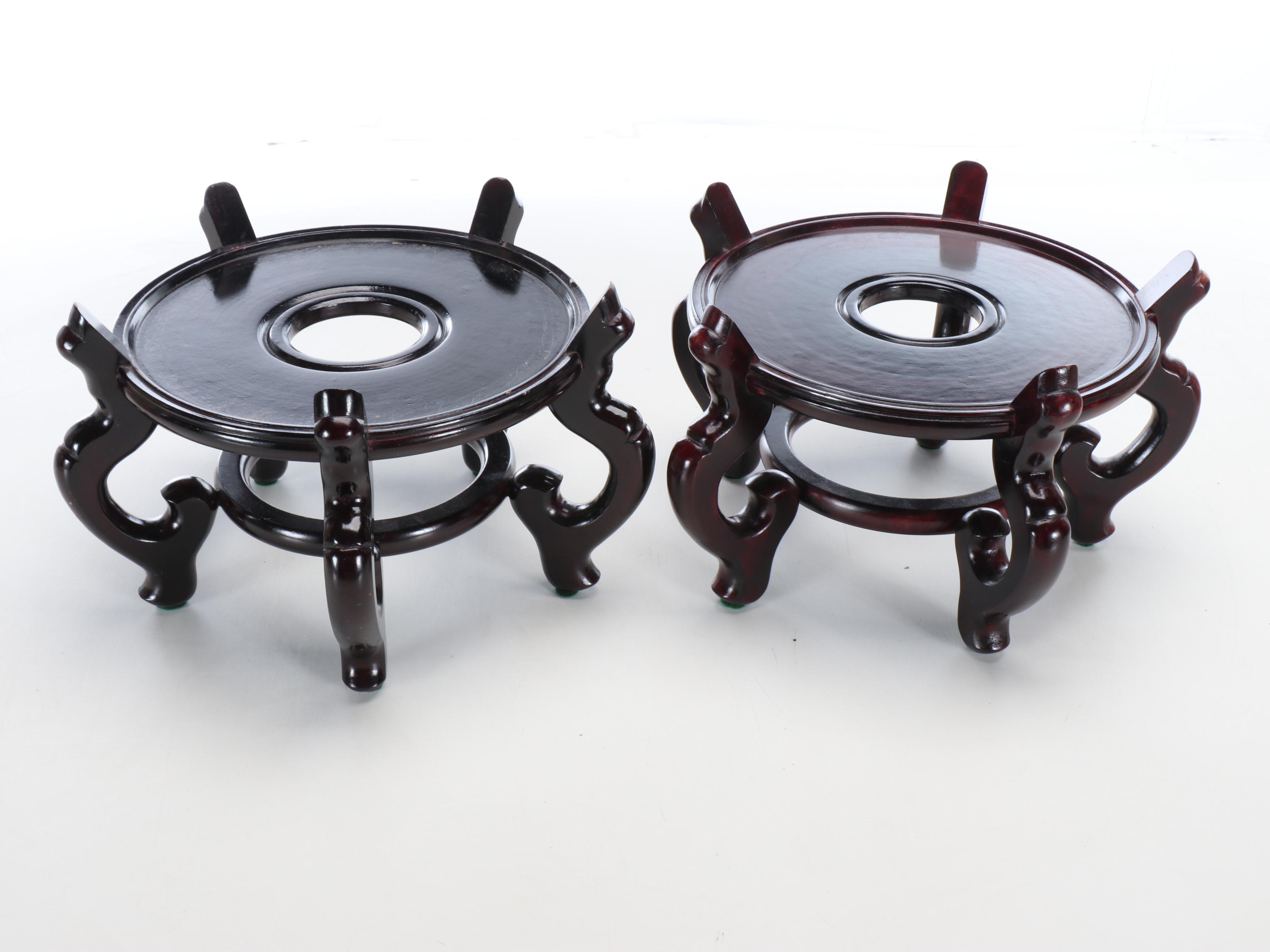 Pair of Chinese Rose Medallion Porcelain Floor Vases on Wood Stands