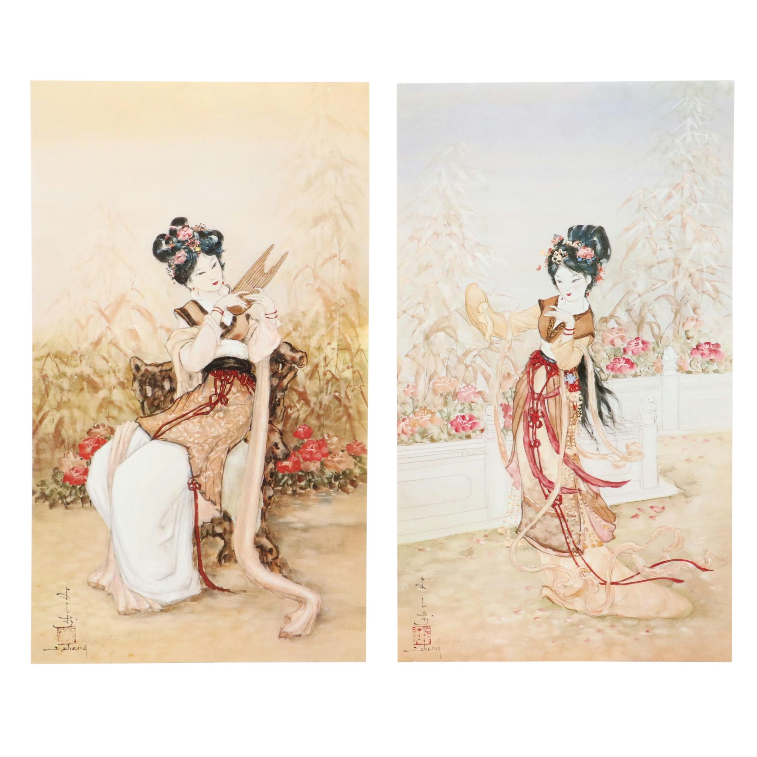 John Cheng Offset Lithographs of Young Japanese Women in Gardens
