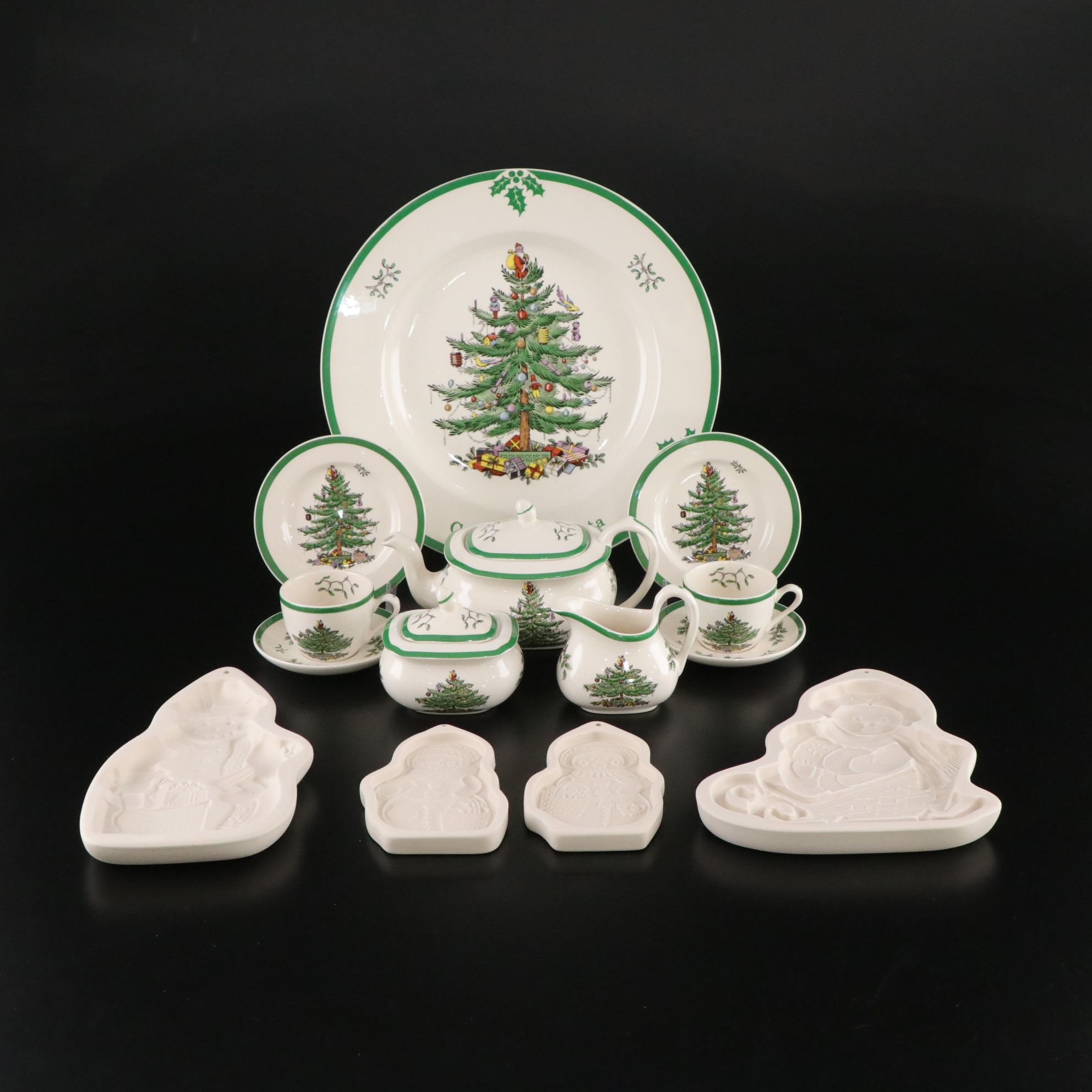 Spode "Christmas Tree" Cookie Plate & Mini Tea Set with Longaberger Cookie Molds