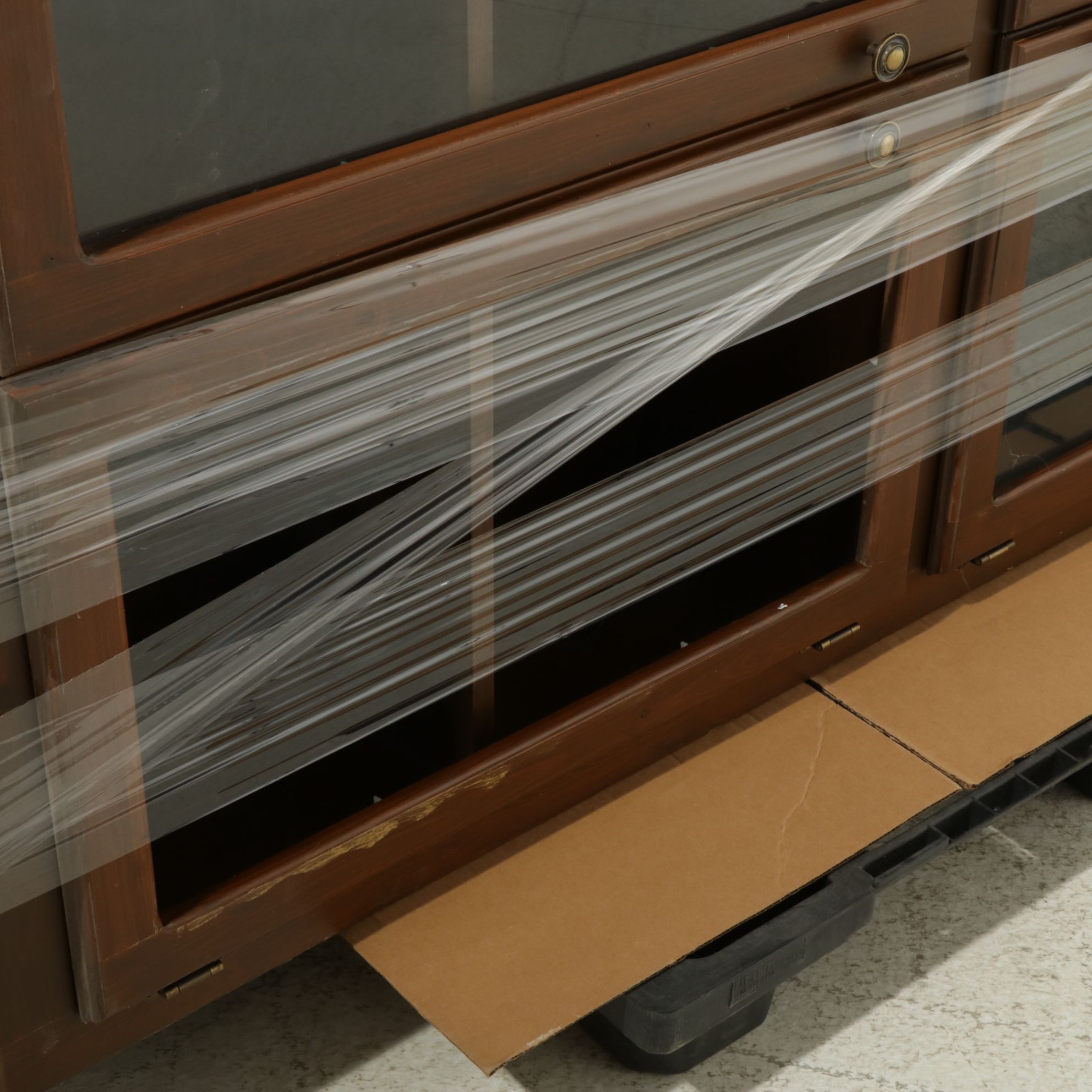Pair of Stained Pine Storage Shelves with Glass Doors, Late 20th Century