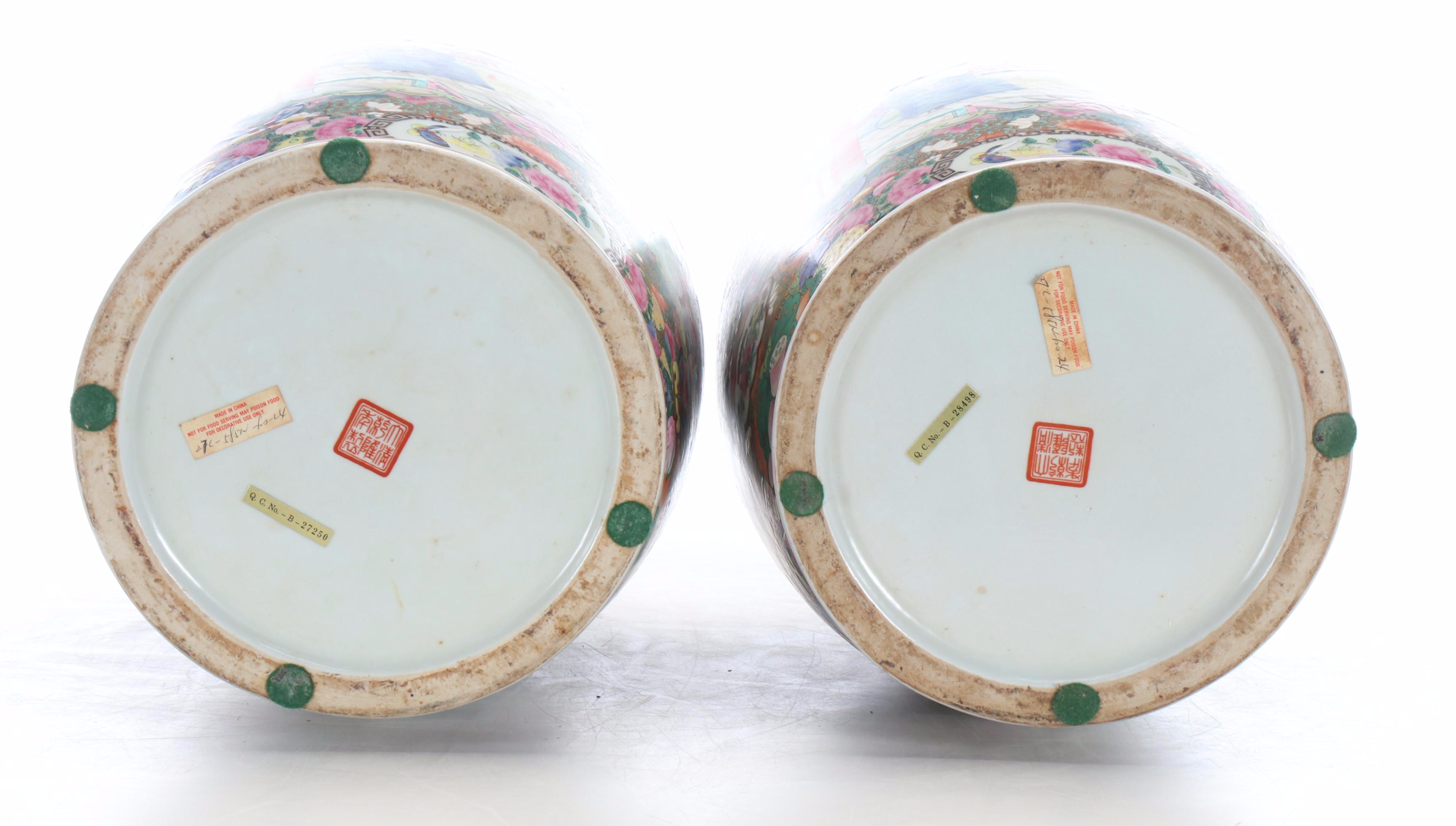 Pair of Chinese Rose Medallion Porcelain Floor Vases on Wood Stands