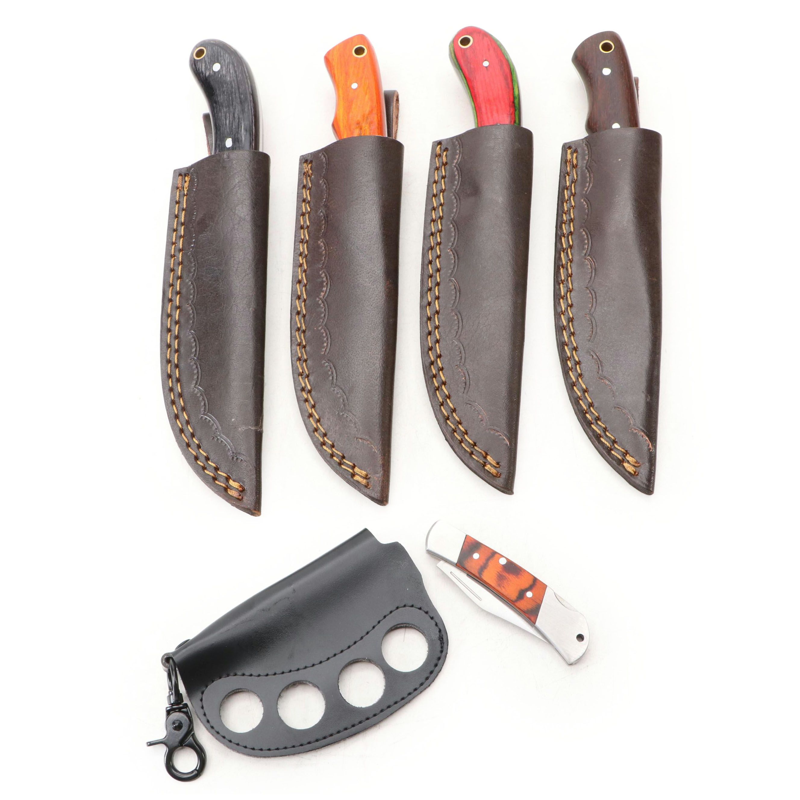 Damascus Steel Hunting Knives, Folding Knife and Scabbard