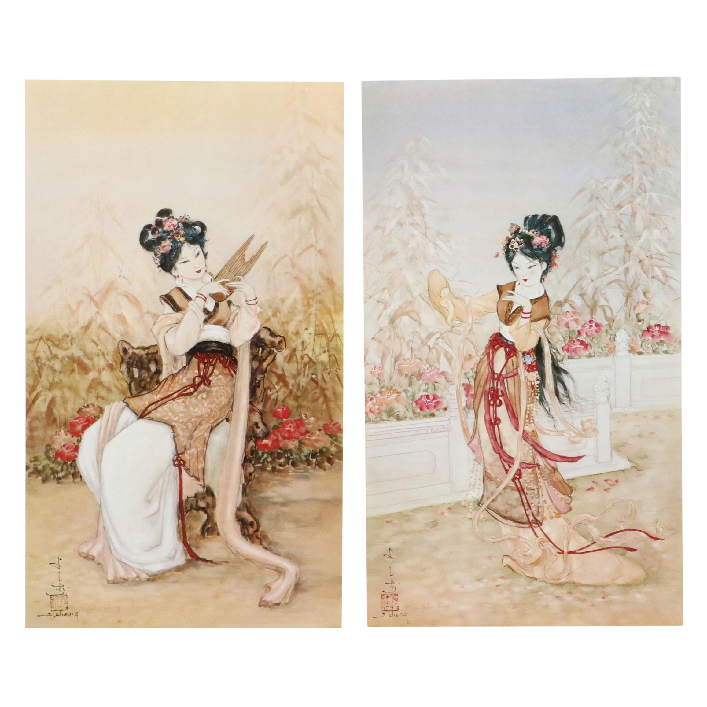 John Cheng Offset Lithographs of Young Japanese Women in Gardens