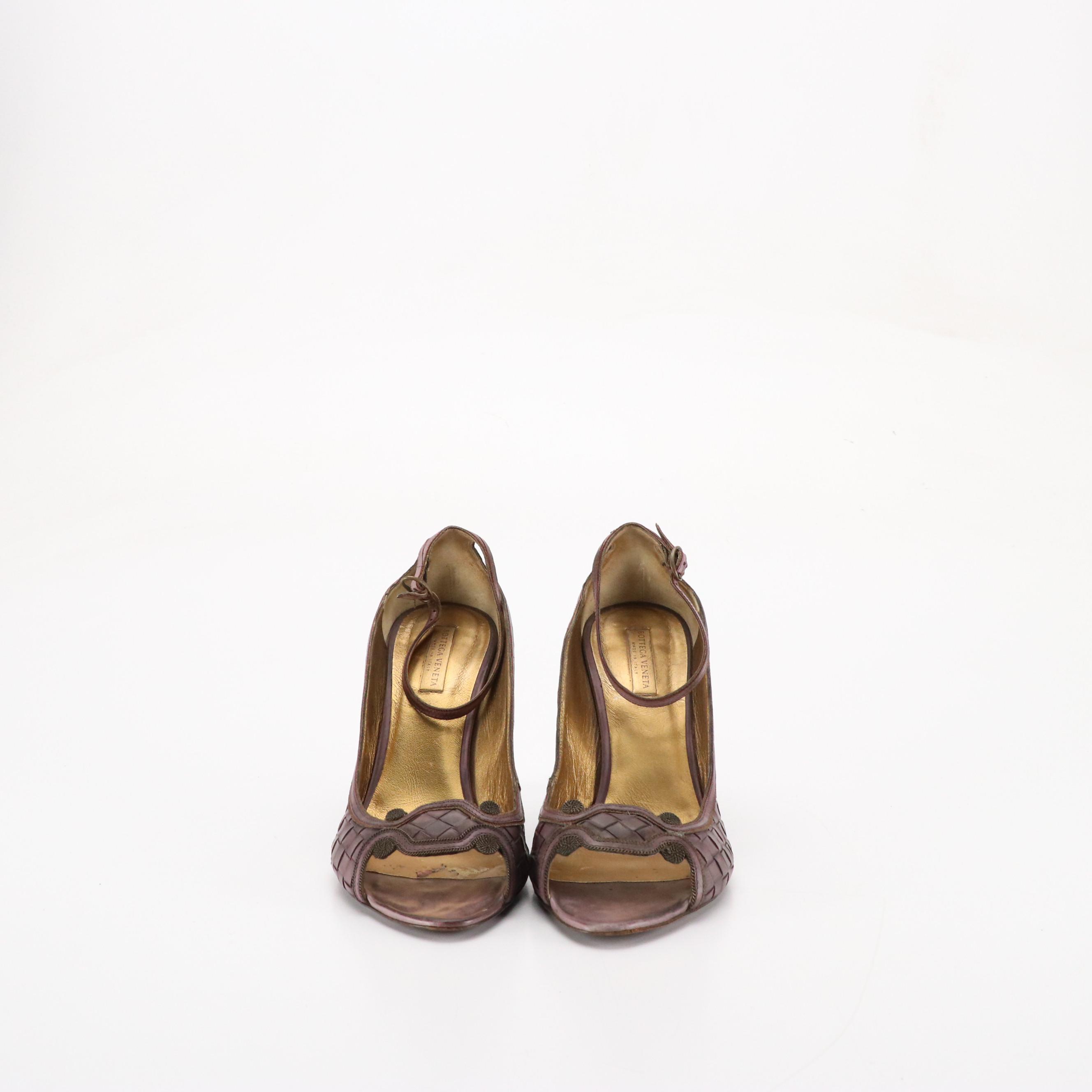 Bottega Veneta Carved Heel Ankle Strap Peep-Toe Pumps in Intrecciato Leather