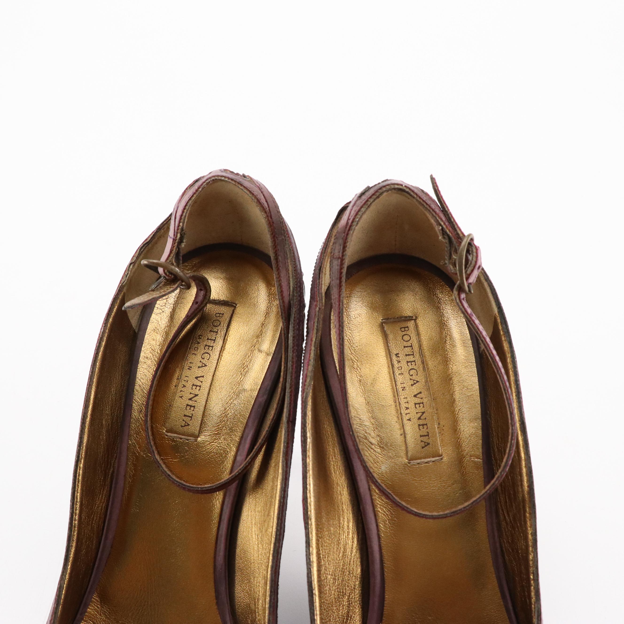 Bottega Veneta Carved Heel Ankle Strap Peep-Toe Pumps in Intrecciato Leather