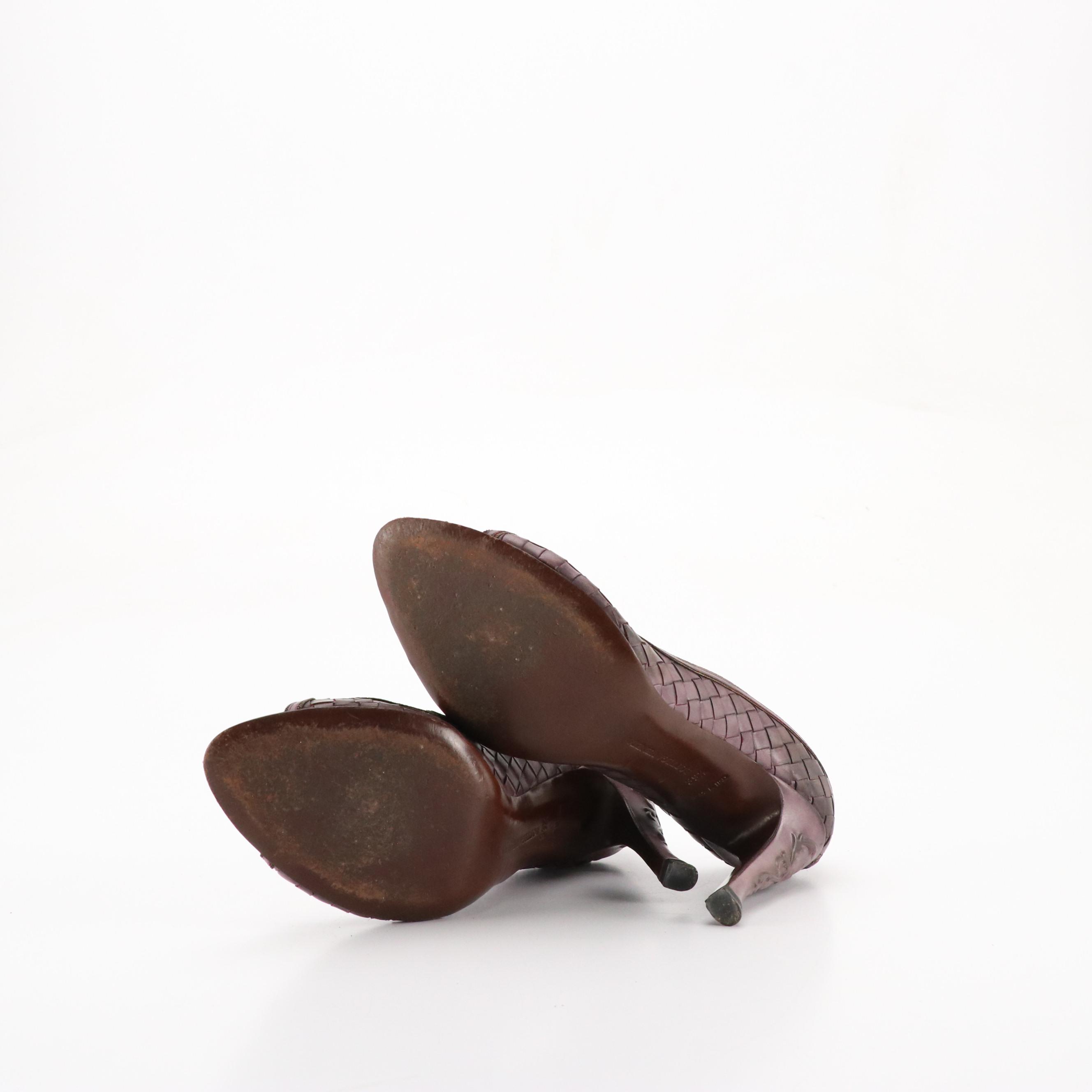 Bottega Veneta Carved Heel Ankle Strap Peep-Toe Pumps in Intrecciato Leather